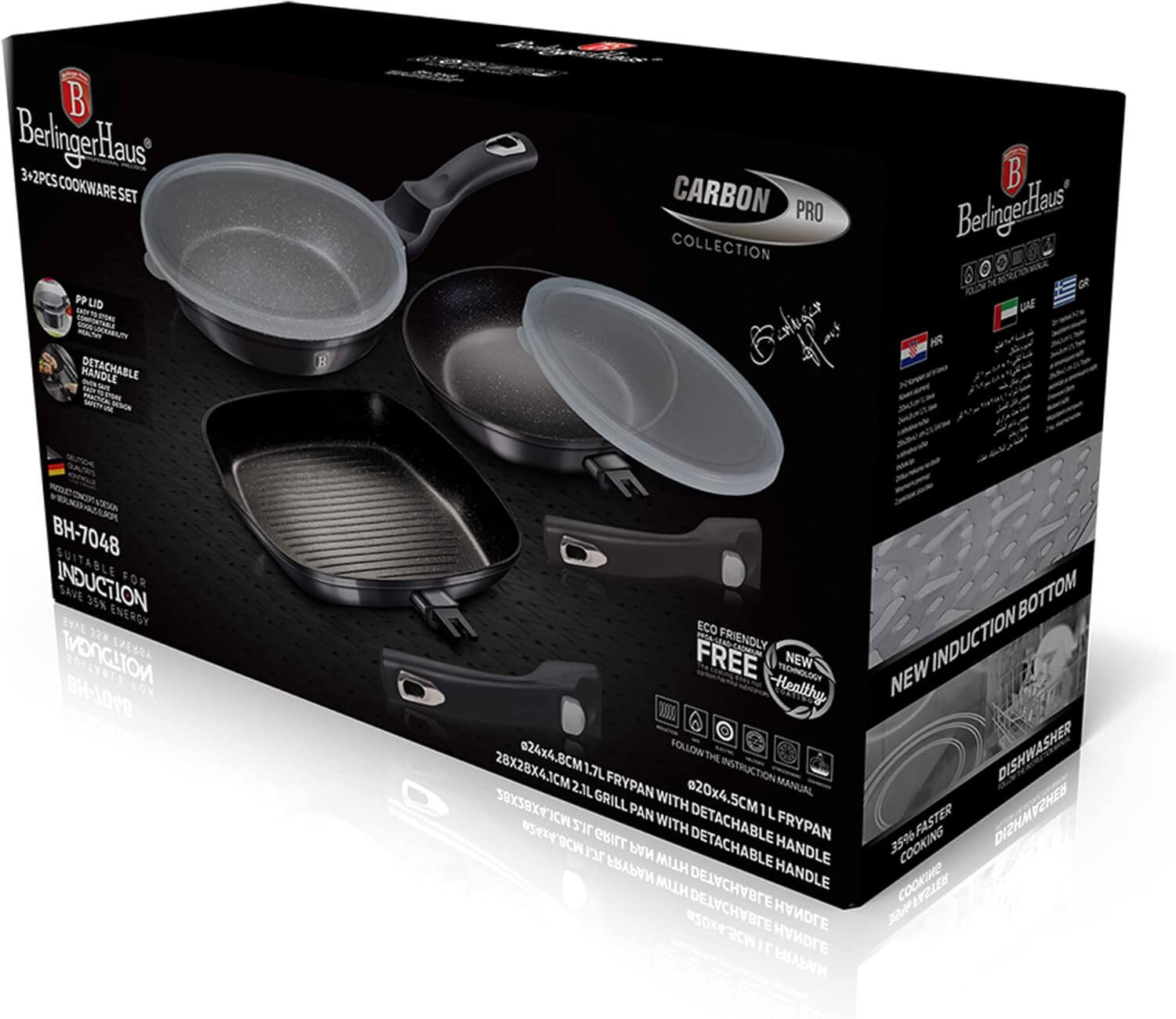 Eine Box mit Kochgeschirr-Set, mit Pfannen und Deckeln. Enthält eine Bratpfanne und eine Grillpfanne.