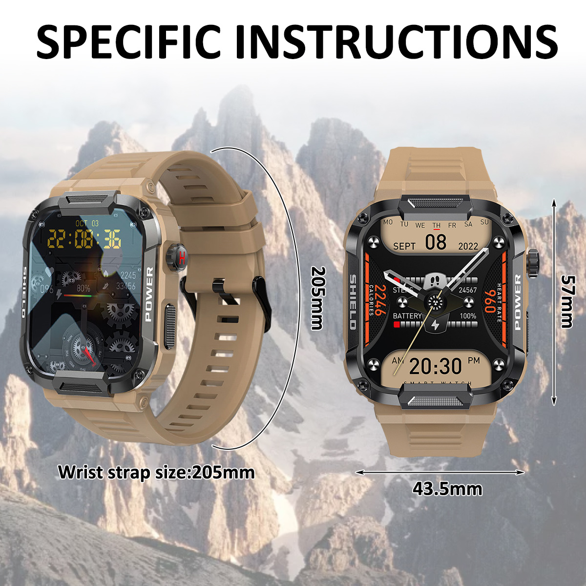 Eine beige Smartwatch mit braunem Armband, zeigt Uhrzeit und Akkulaufzeit.