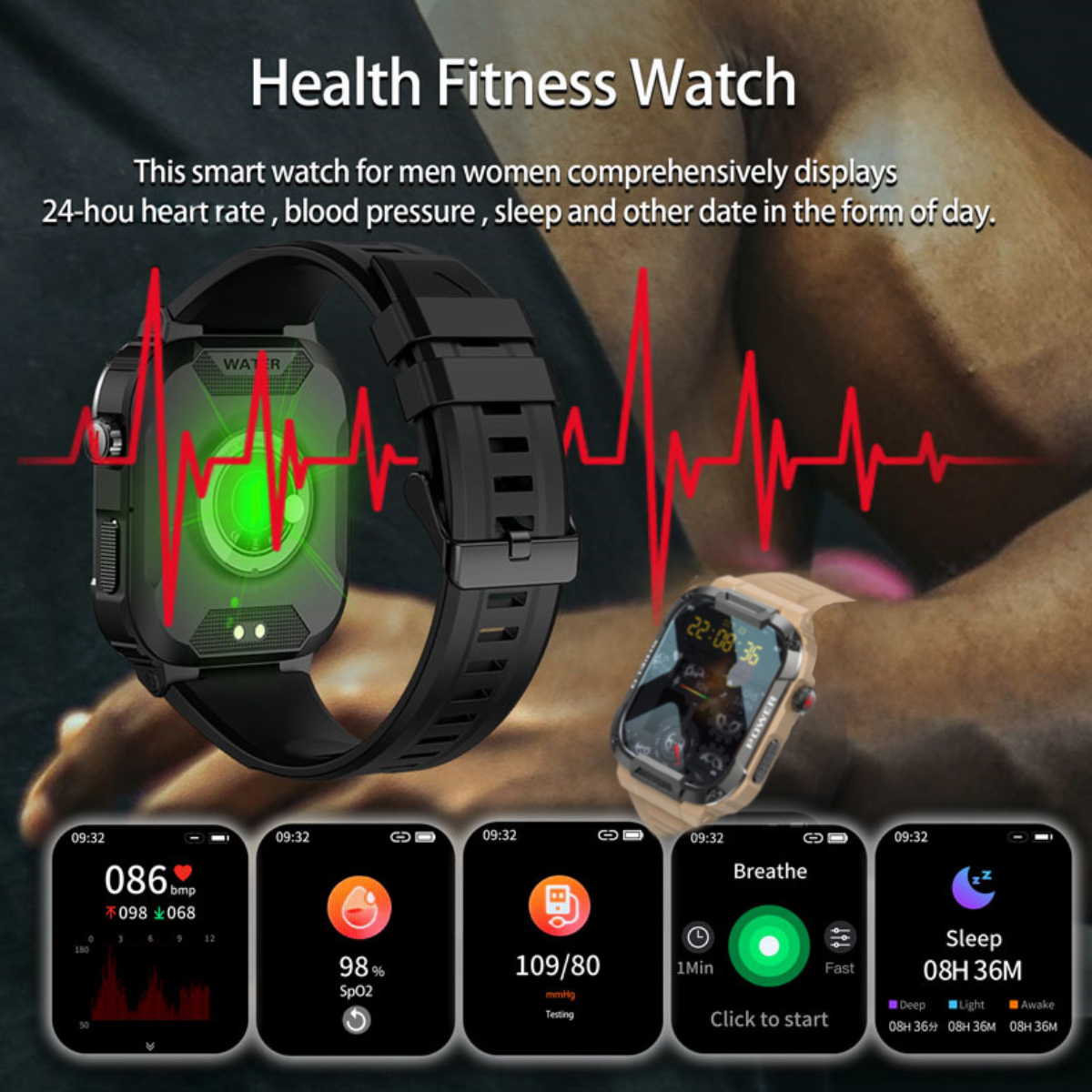 Smartwatch am Handgelenk, zeigt Gesundheitsdaten. Enthält Herzfrequenz, Blutdruck und Schlafdaten.