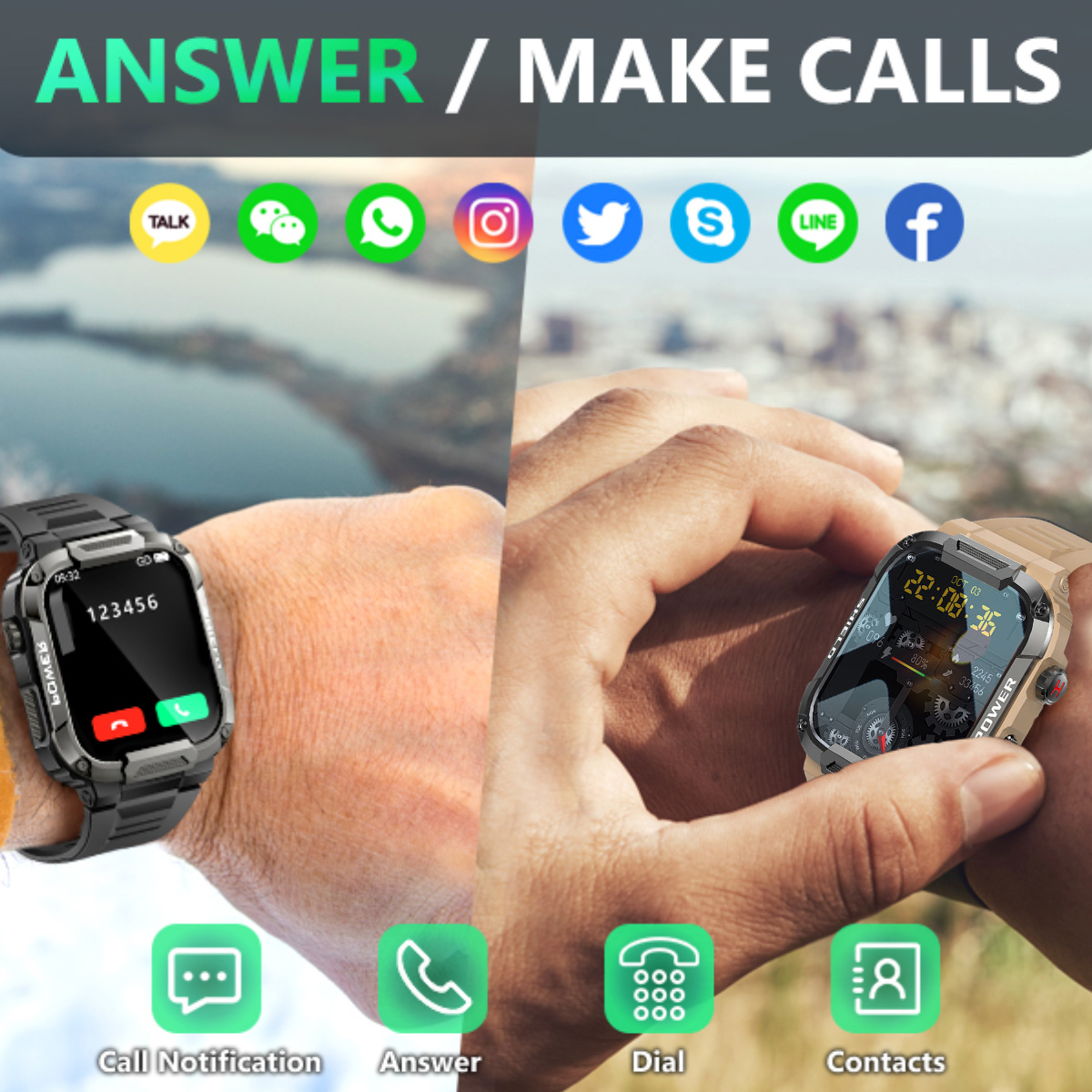 Smartwatch an Handgelenken mit Symbolen, Text: Antworten/Anrufe tätigen, App-Symbole.