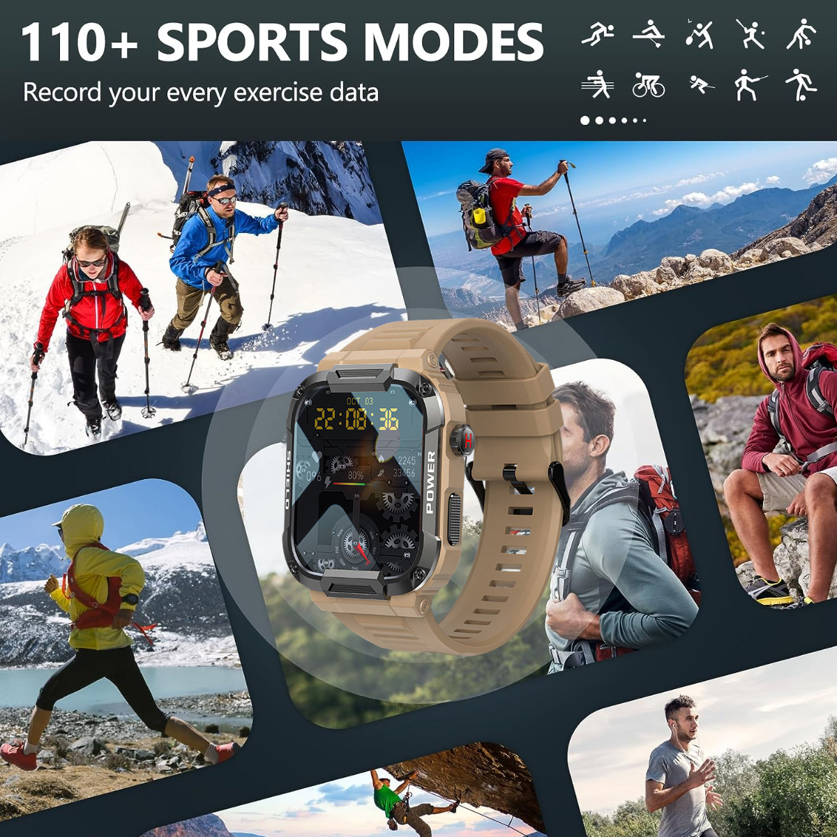 Smartwatch mit Sportmodi, zeigt Menschen beim Wandern, Laufen und Klettern.
