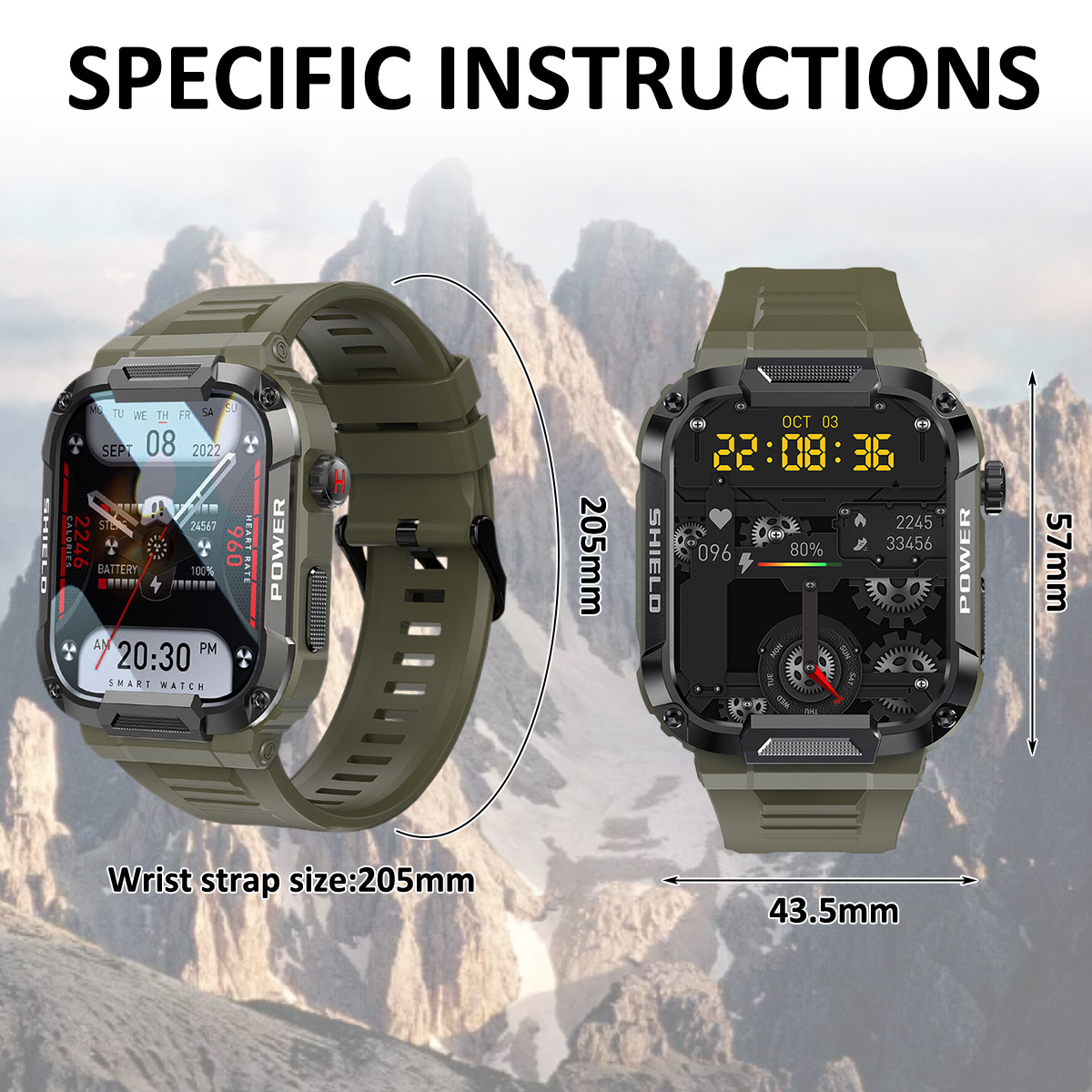 Grüne und olivfarbene Smartwatch mit Abmessungen und Funktionen, auf weißem Hintergrund.