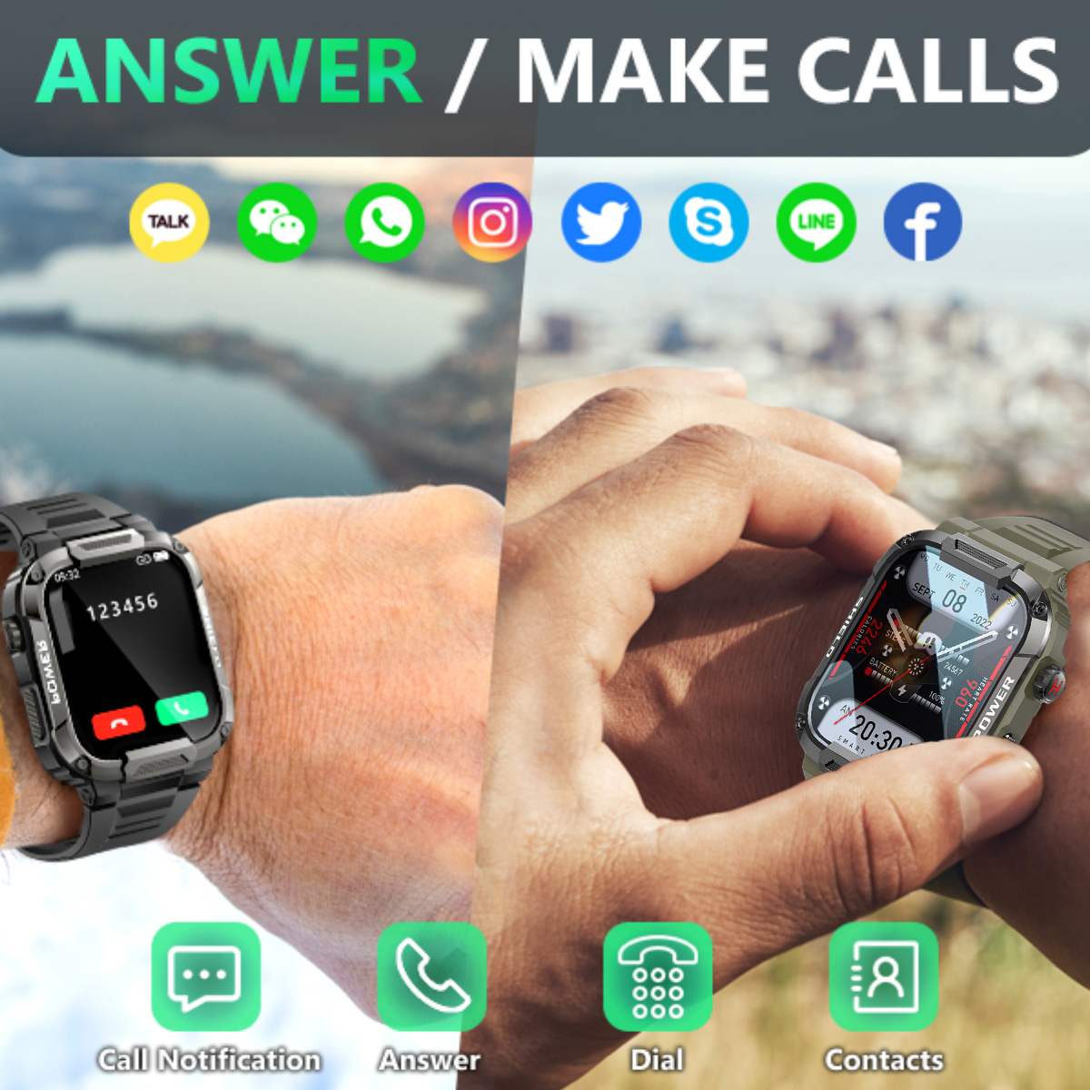 Eine Smartwatch am Handgelenk, Symbole für soziale Medien und Anruffunktionen werden angezeigt.