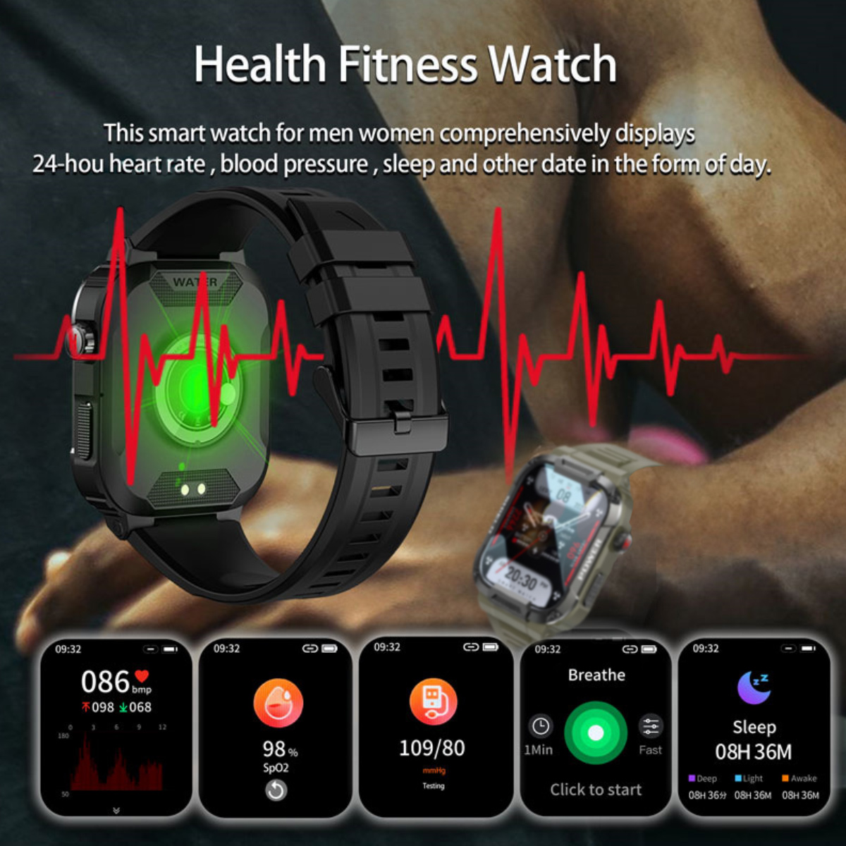Eine Fitnessuhr mit Gesundheitsdaten, die Herzfrequenz und Schlafdaten anzeigt.
