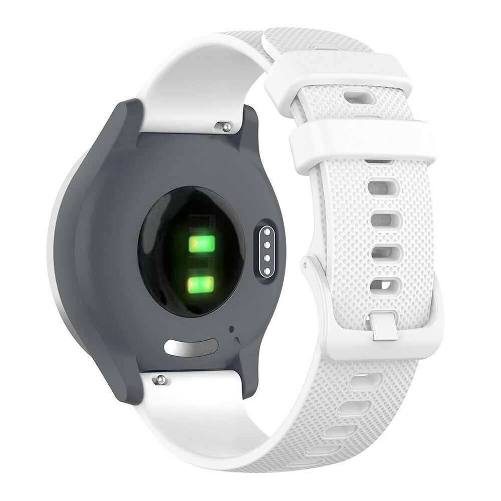 Weiße Smartwatch mit weißem Armband und grauer Rückseite. Die Rückseite zeigt einen Herzfrequenzsensor.
