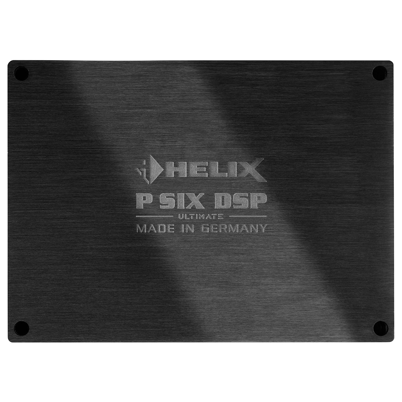 Schwarzes Helix P SIX DSP Ultimate Audiogerät mit Markennamen oben. Vier Schrauben an den Ecken.