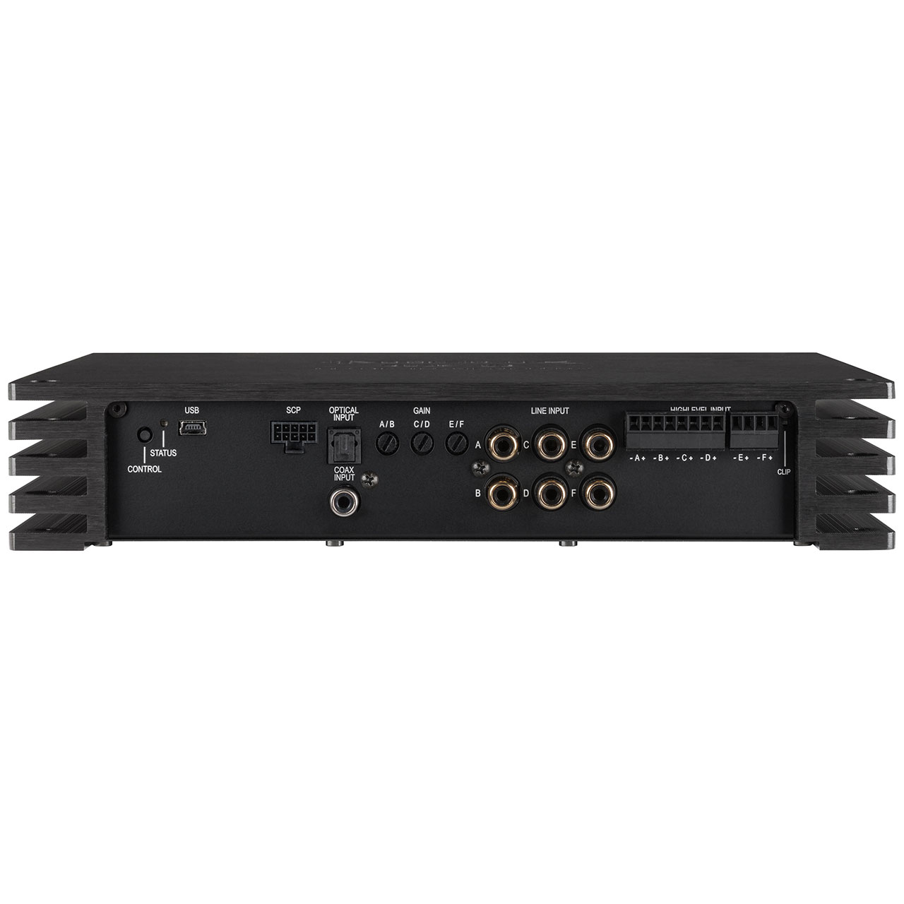 Rückseite eines Verstärkers mit verschiedenen Ein- und Ausgangsanschlüssen. Enthält USB, SCP, optische und Line-Eingänge.