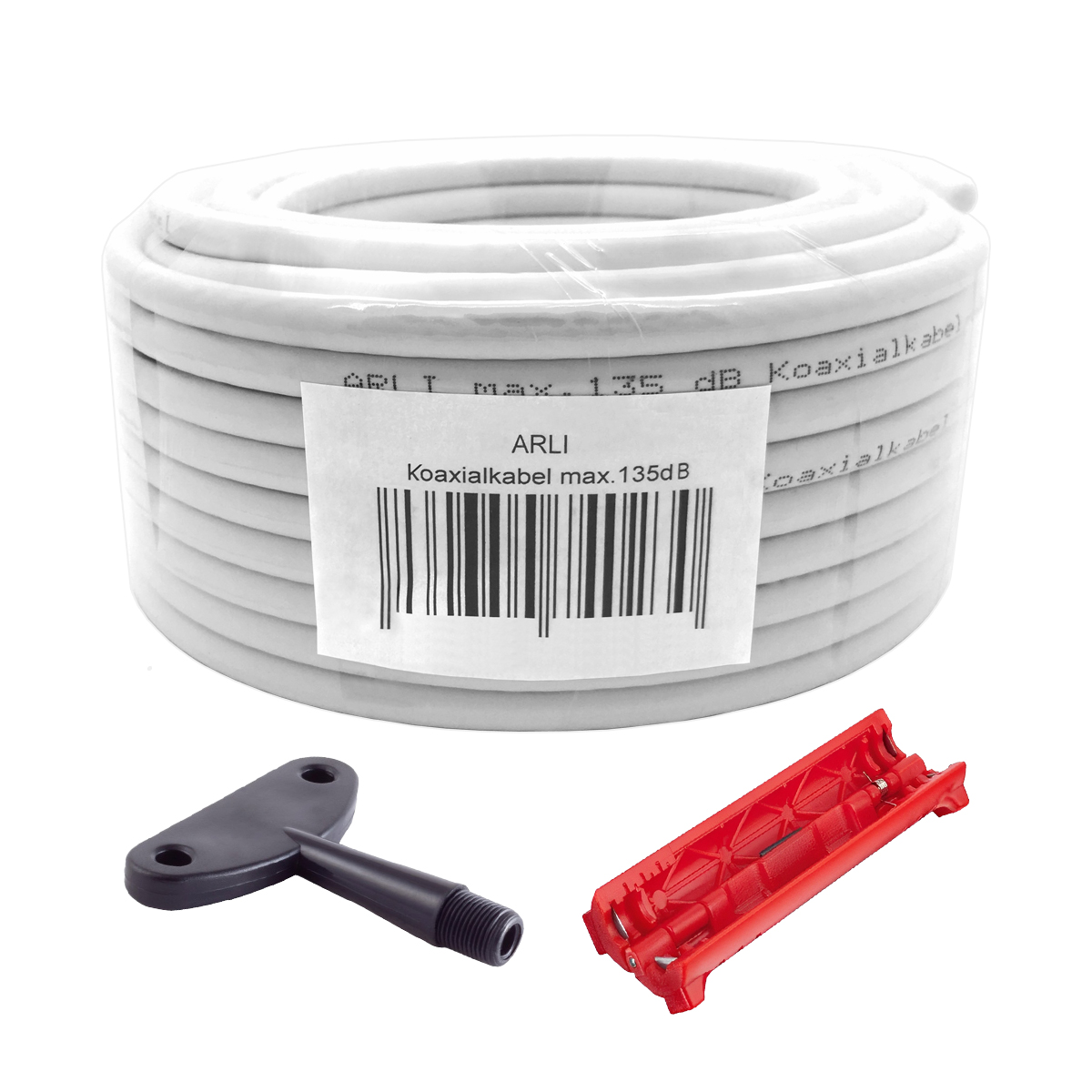 Weißes Koaxialkabel mit Zubehör.