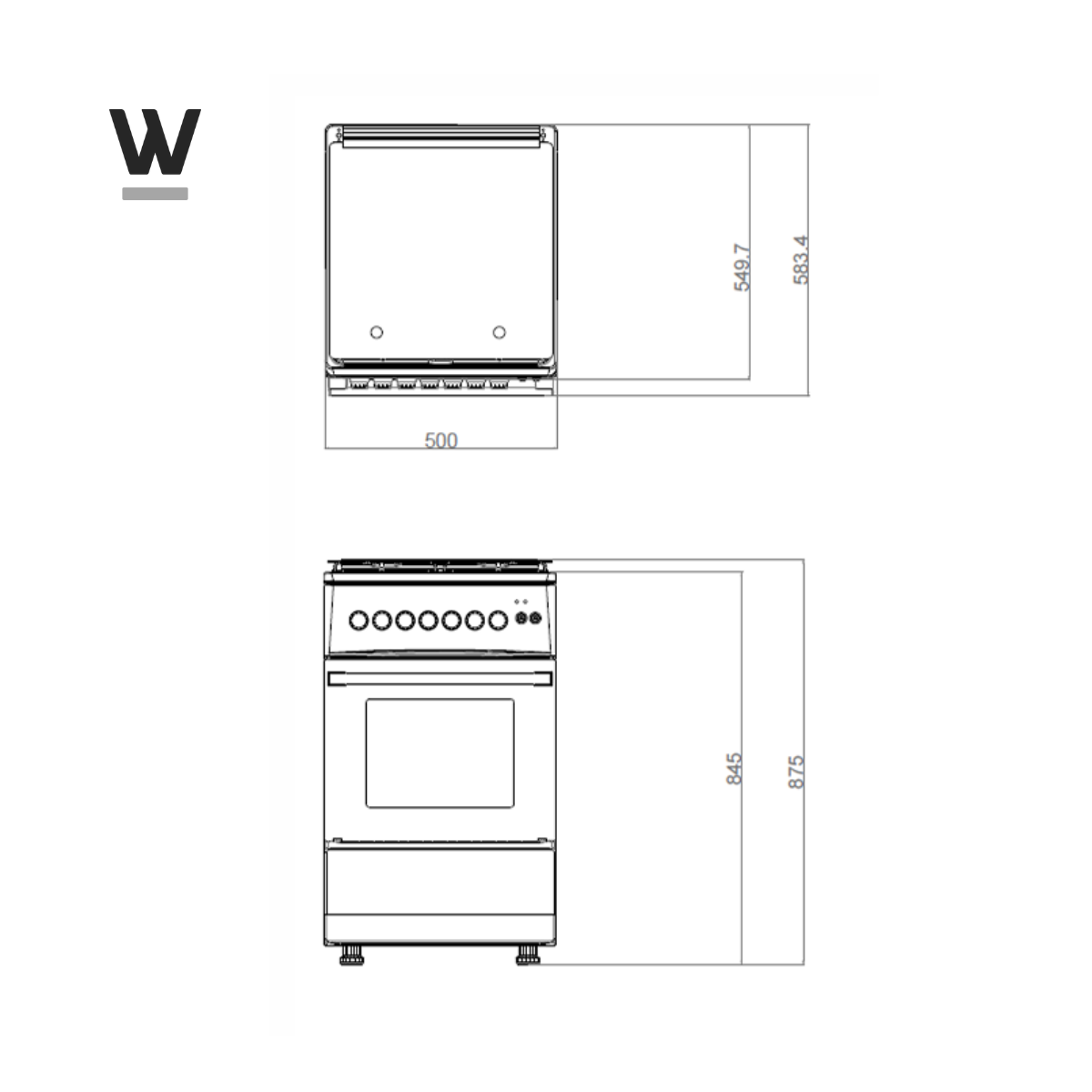 Schematic drawings of a stove, showing dimensions and design elements.