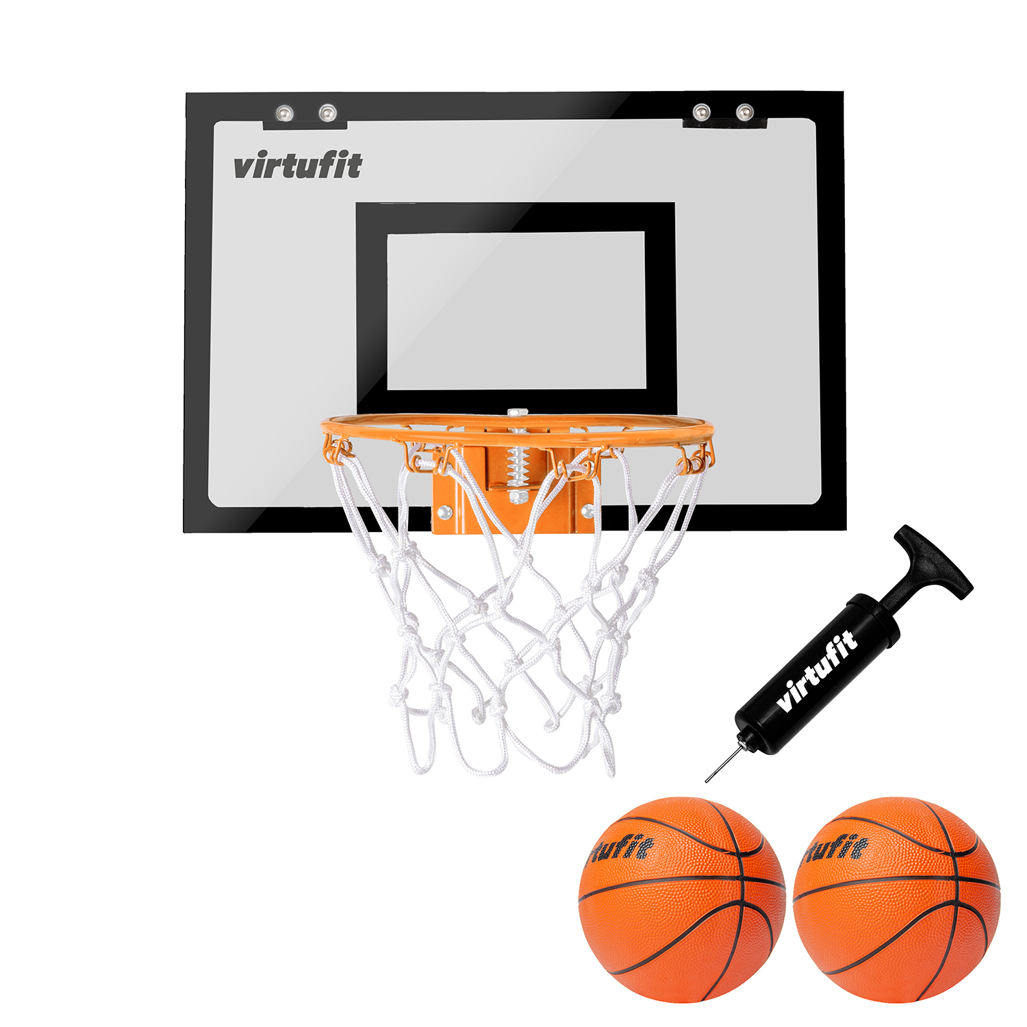 Mini-Basketball-Set. Ein Backboard, Netz, zwei kleine Basketbälle und eine Pumpe zum Aufpumpen sind enthalten.