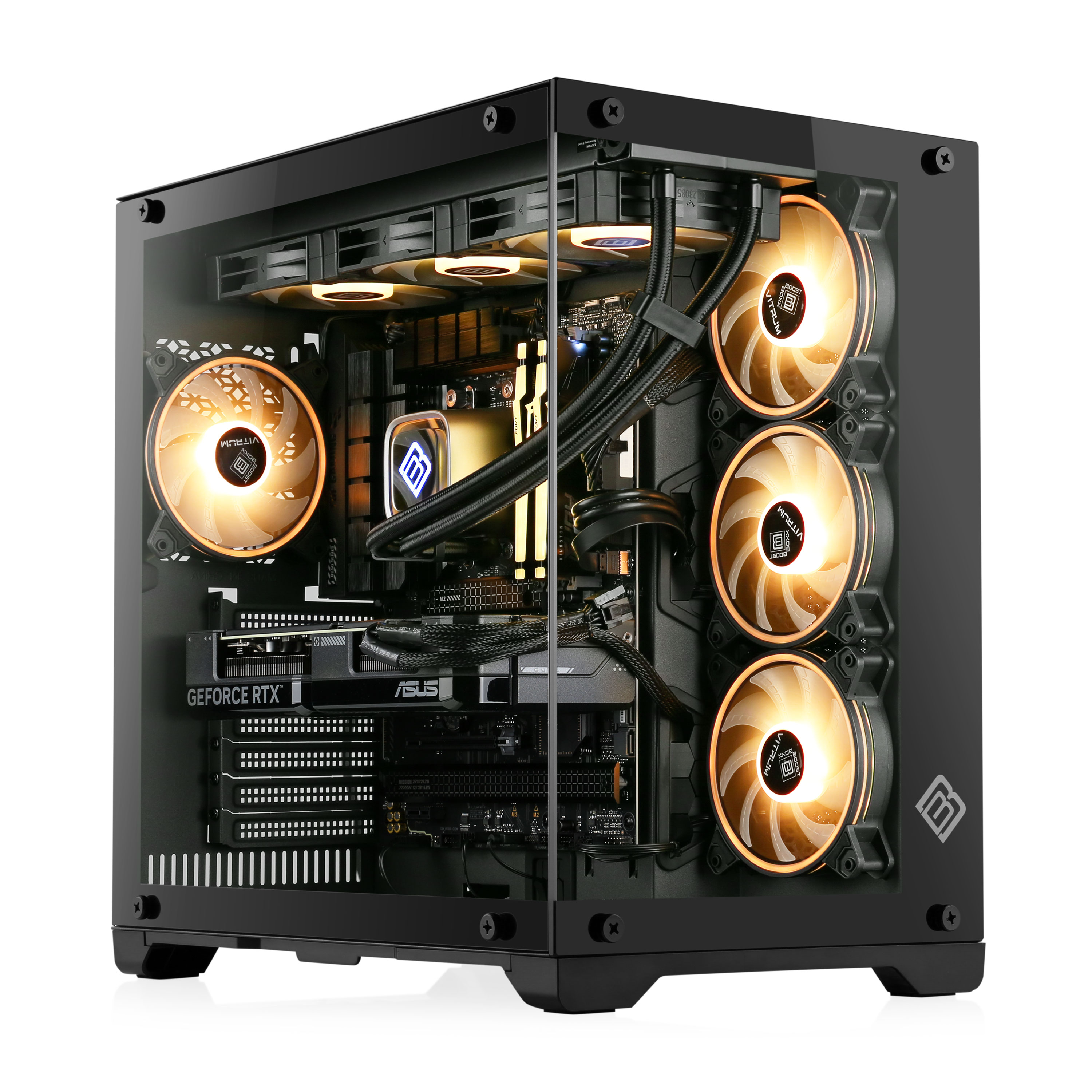 Zwarte computer met glazen paneel. Oranje gloeiende ventilatoren. Witte achtergrond.