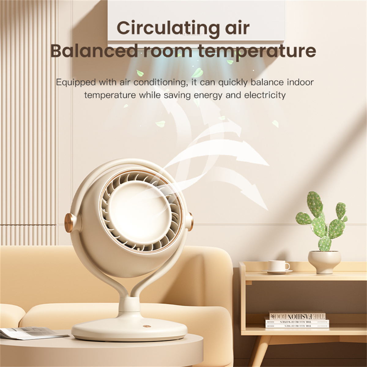 Ein kleiner weißer Ventilator auf einem Ständer, mit geschwungenem Design und Text zur Luftzirkulation.