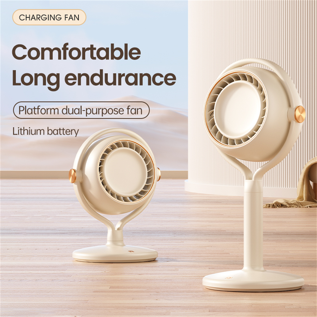 Weiß-goldener Ladungsventilator mit zwei Teilen. Einer steht, einer klein auf einem Sockel.