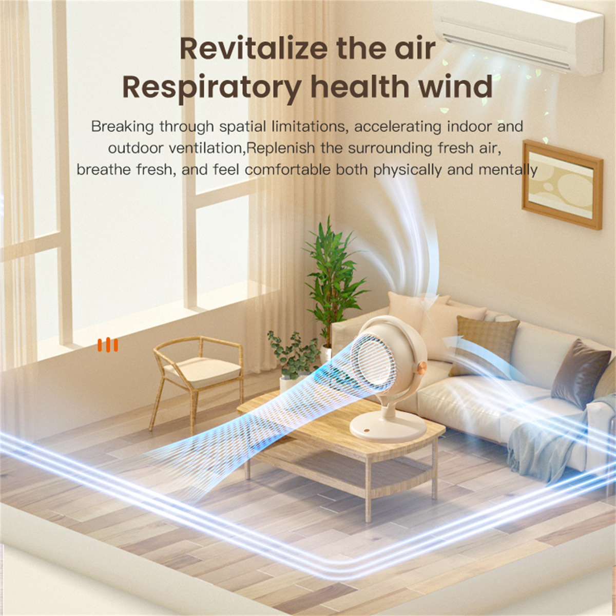 Ein Raum mit einem Ventilator, der blaue Luftströmungen bläst. Der Text lautet: 'Revitalize the air...Respiratory health wind.'