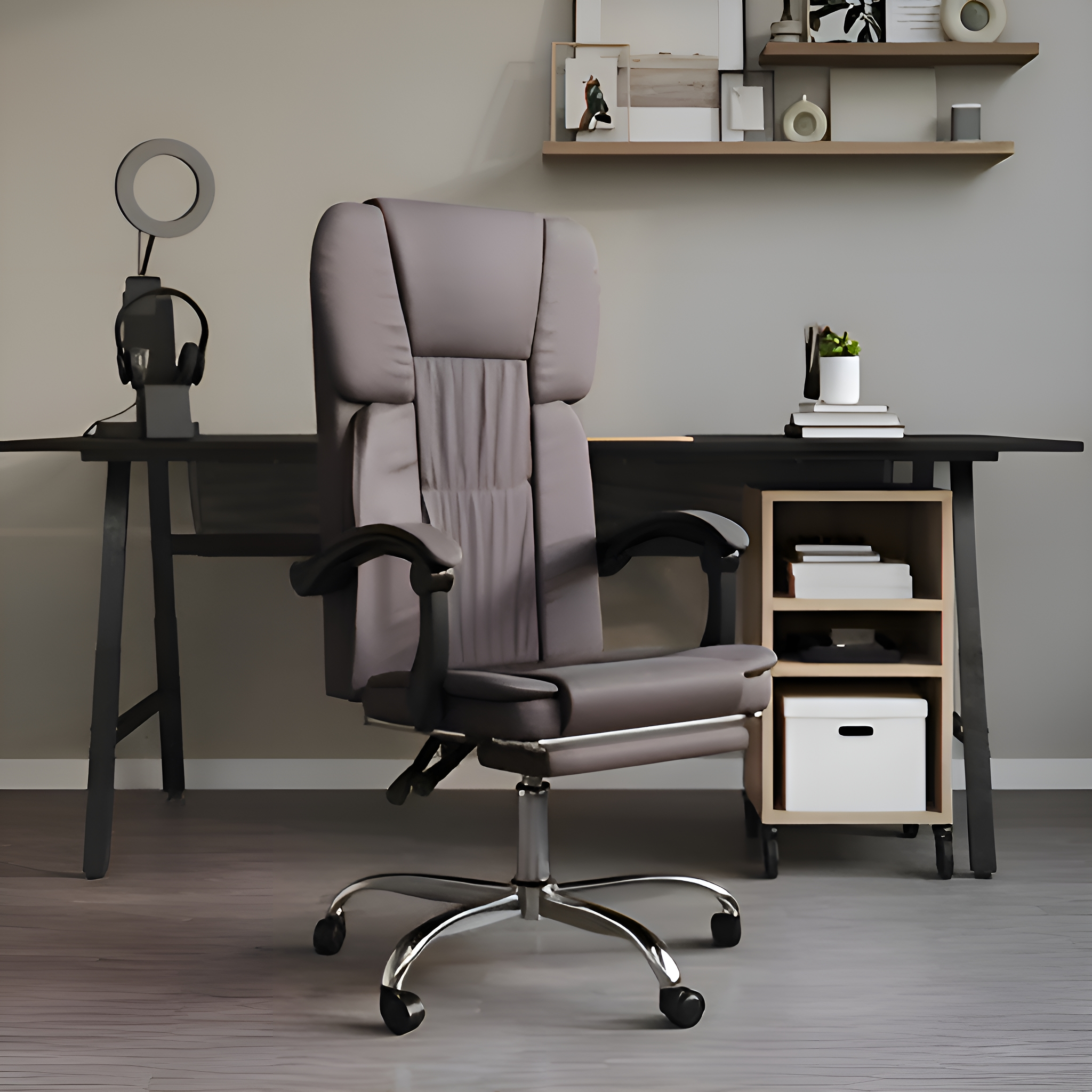 Grauer ergonomischer Bürostuhl in modernem Büro mit Schreibtisch, Regalen und Dekorationen.