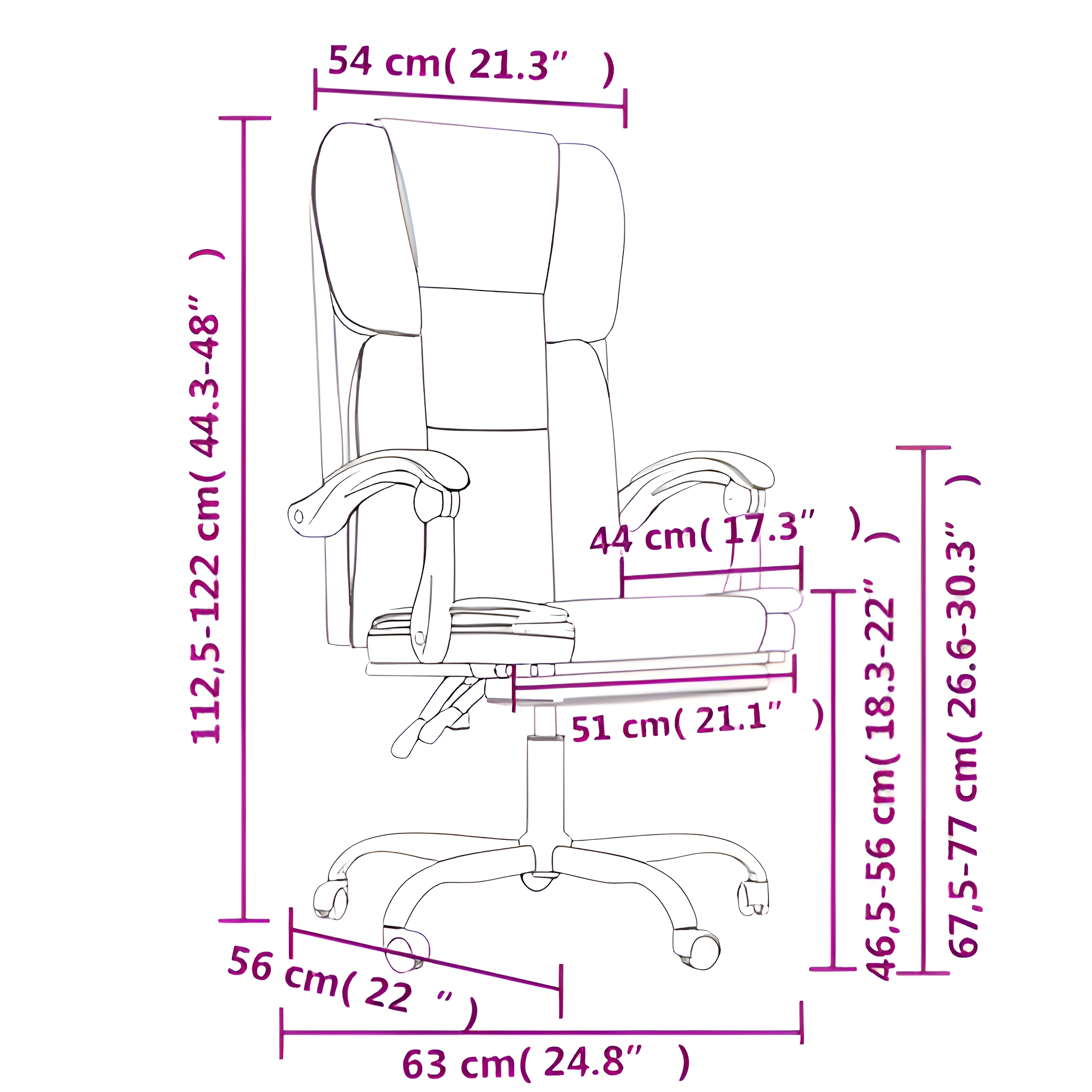 Diagramm eines schwarzen Bürostuhls mit in cm beschrifteten Abmessungen.
