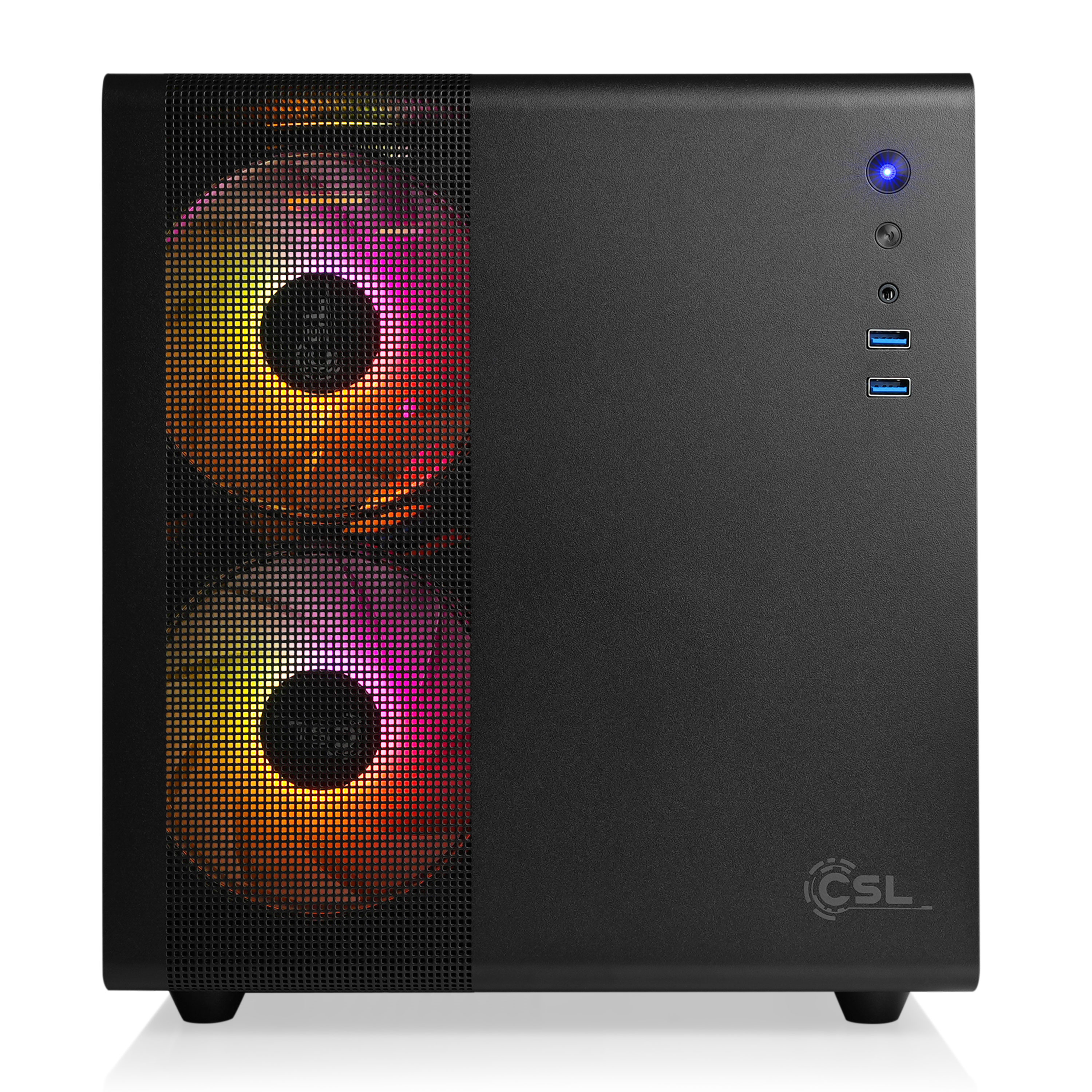 Ein schwarzes Computergehäuse mit beleuchteter Ein-/Aus-Taste und USB-Anschlüssen. Zwei Lüfter sind sichtbar.
