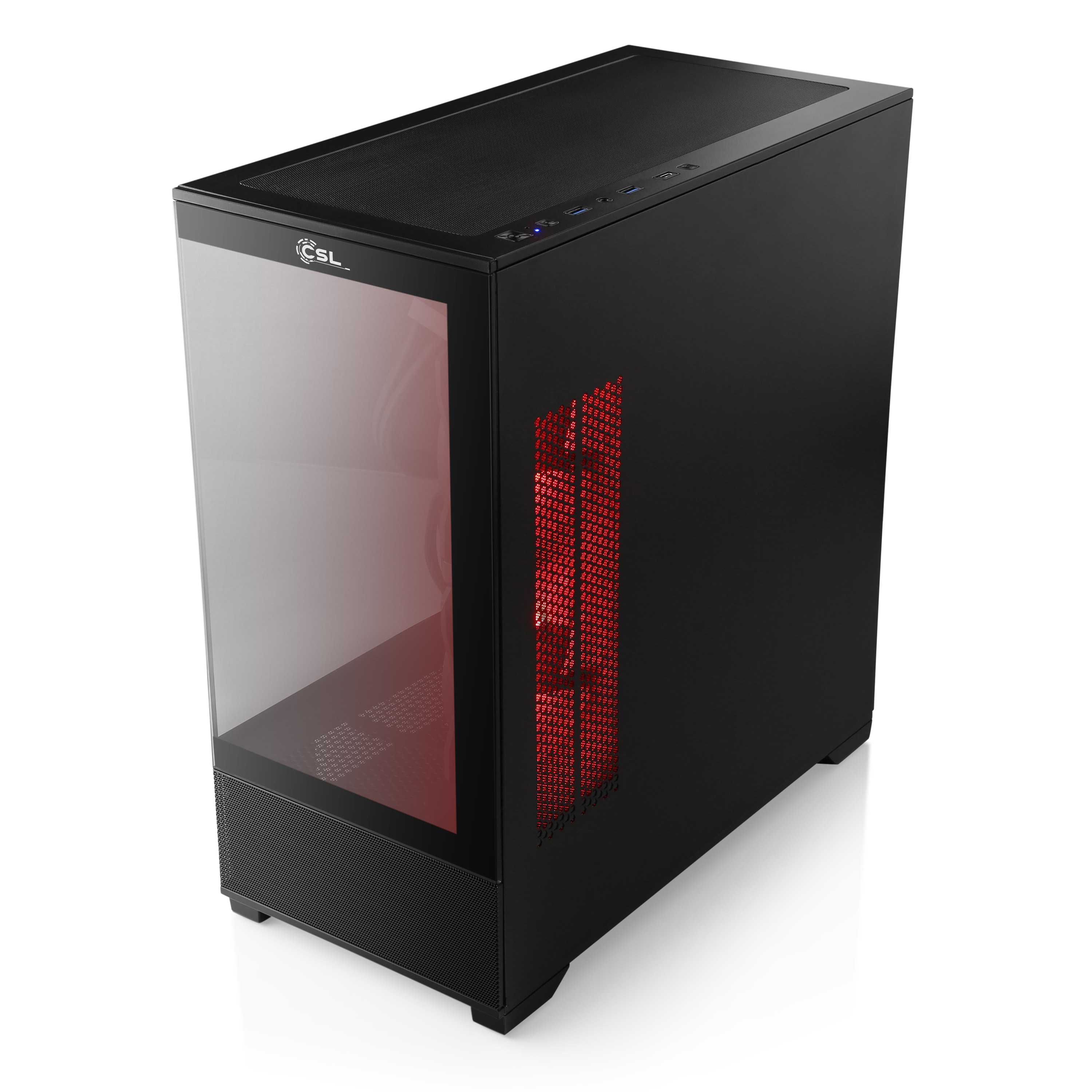 Schwarzes Computergehäuse mit Glasseitenwand. Innenraum hat rote Beleuchtung.