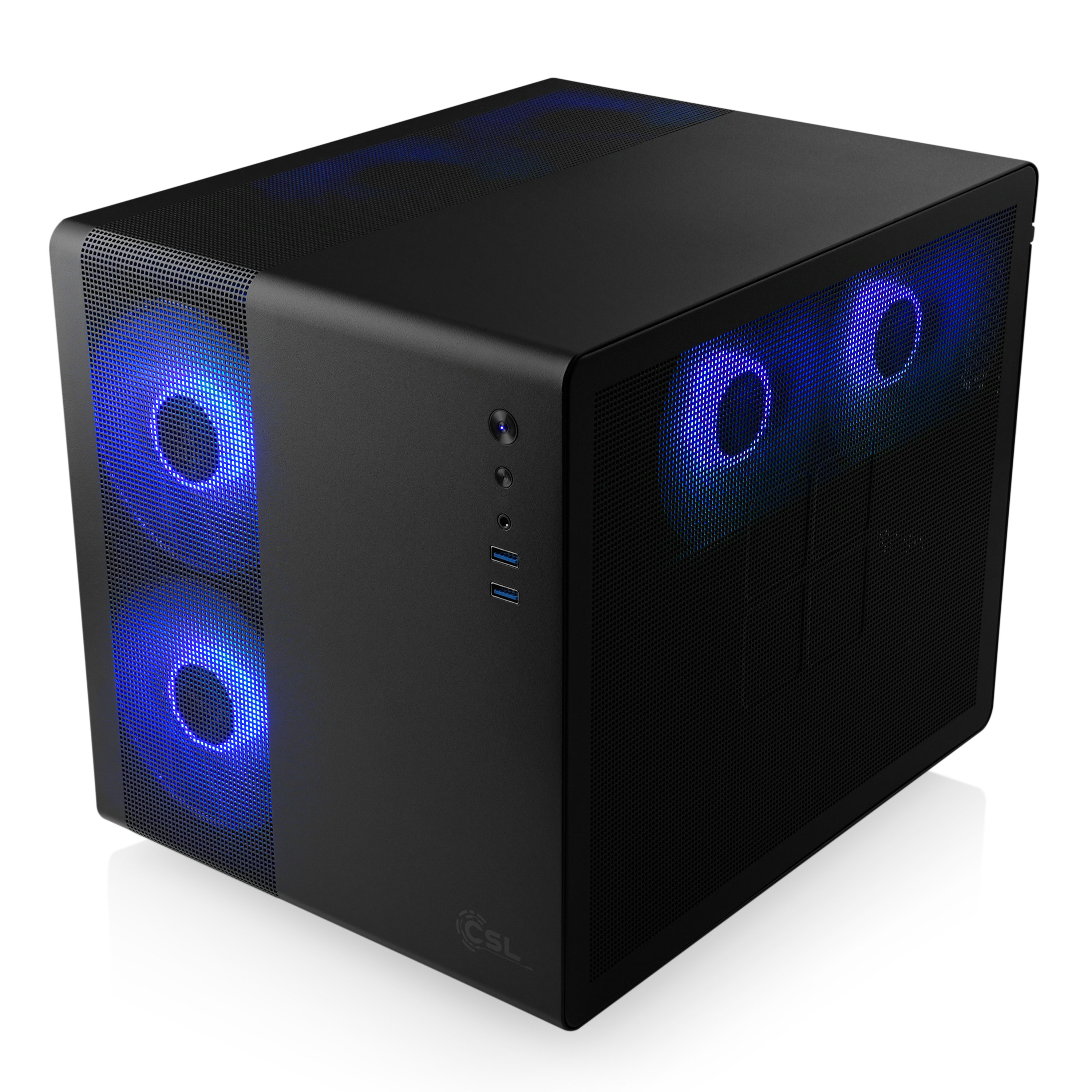 Ein schwarzes Computergehäuse mit blauen LED-Leuchten, die durch die Vorder- und Seite sichtbar sind.