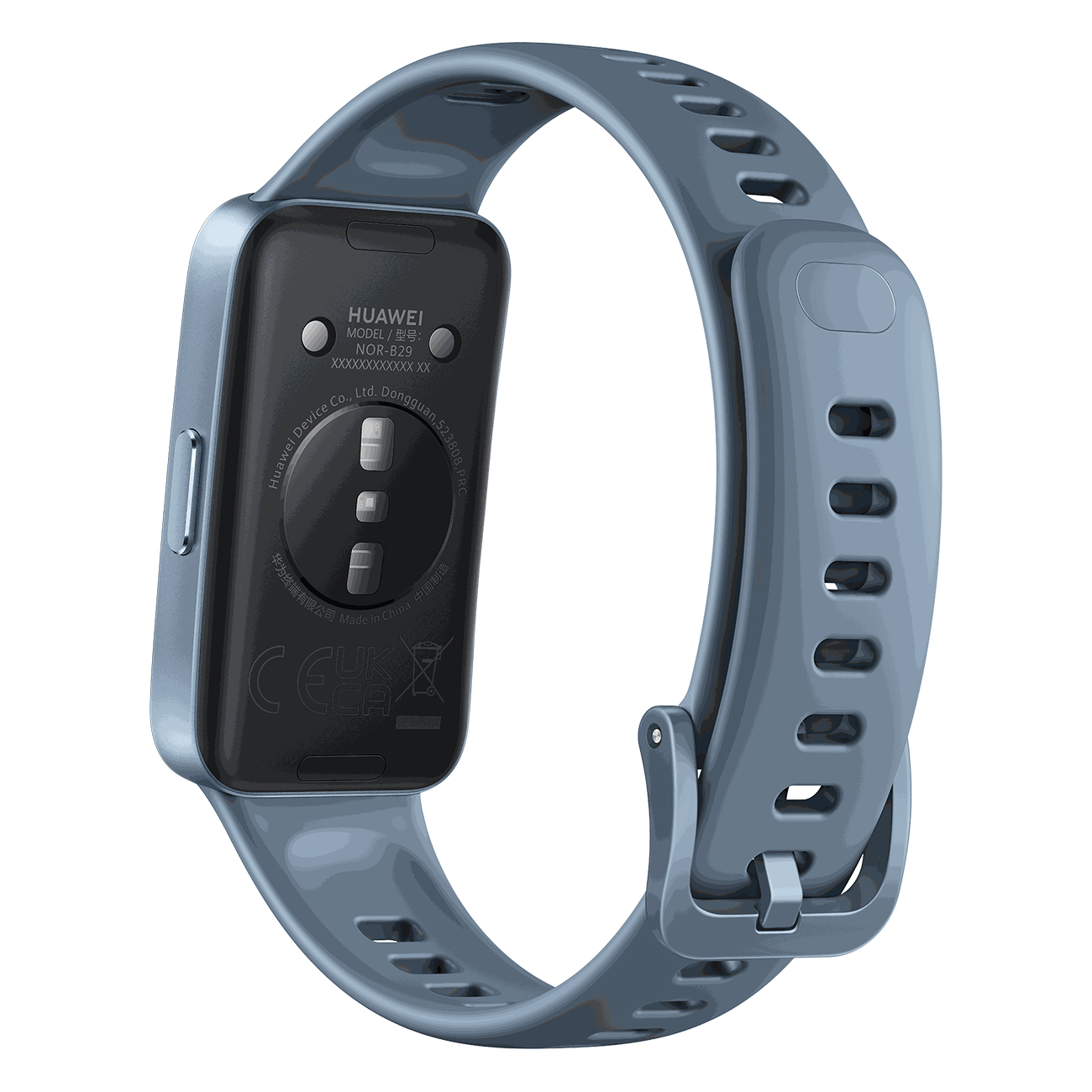 Eine blaue Smartwatch liegt mit der Vorderseite nach unten auf einer Oberfläche.
