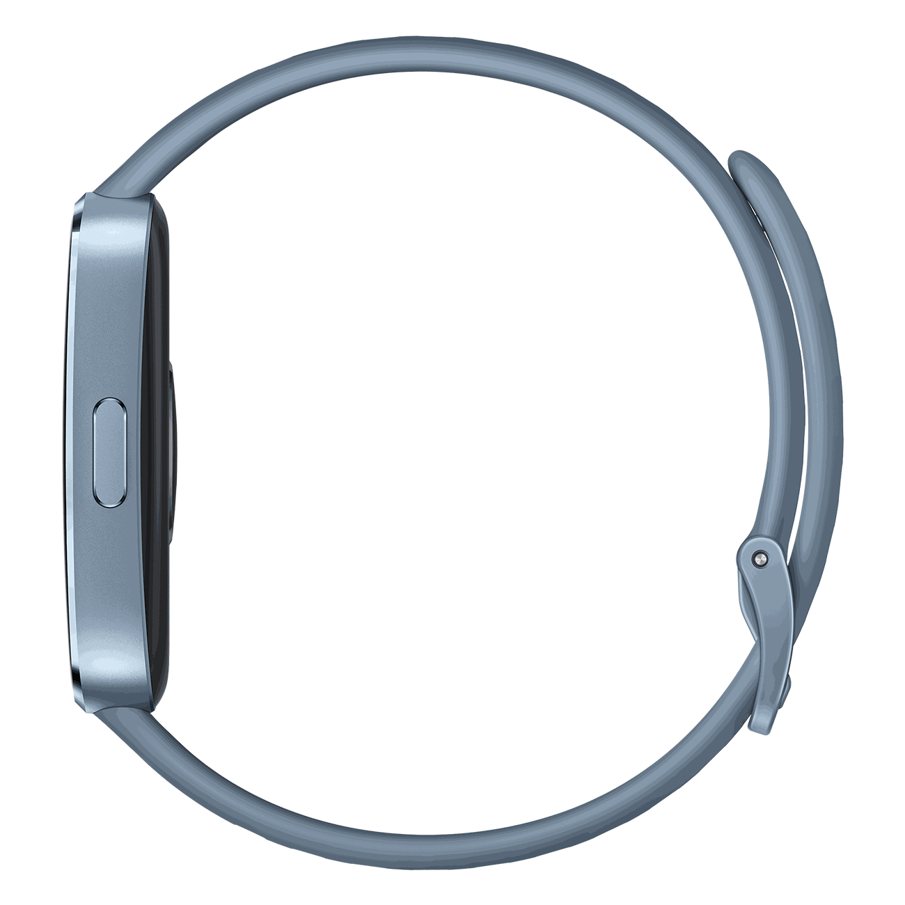 Seitenansicht einer blauen Smartwatch mit abgerundetem Armband. Die Uhr hat eine Seitentaste.