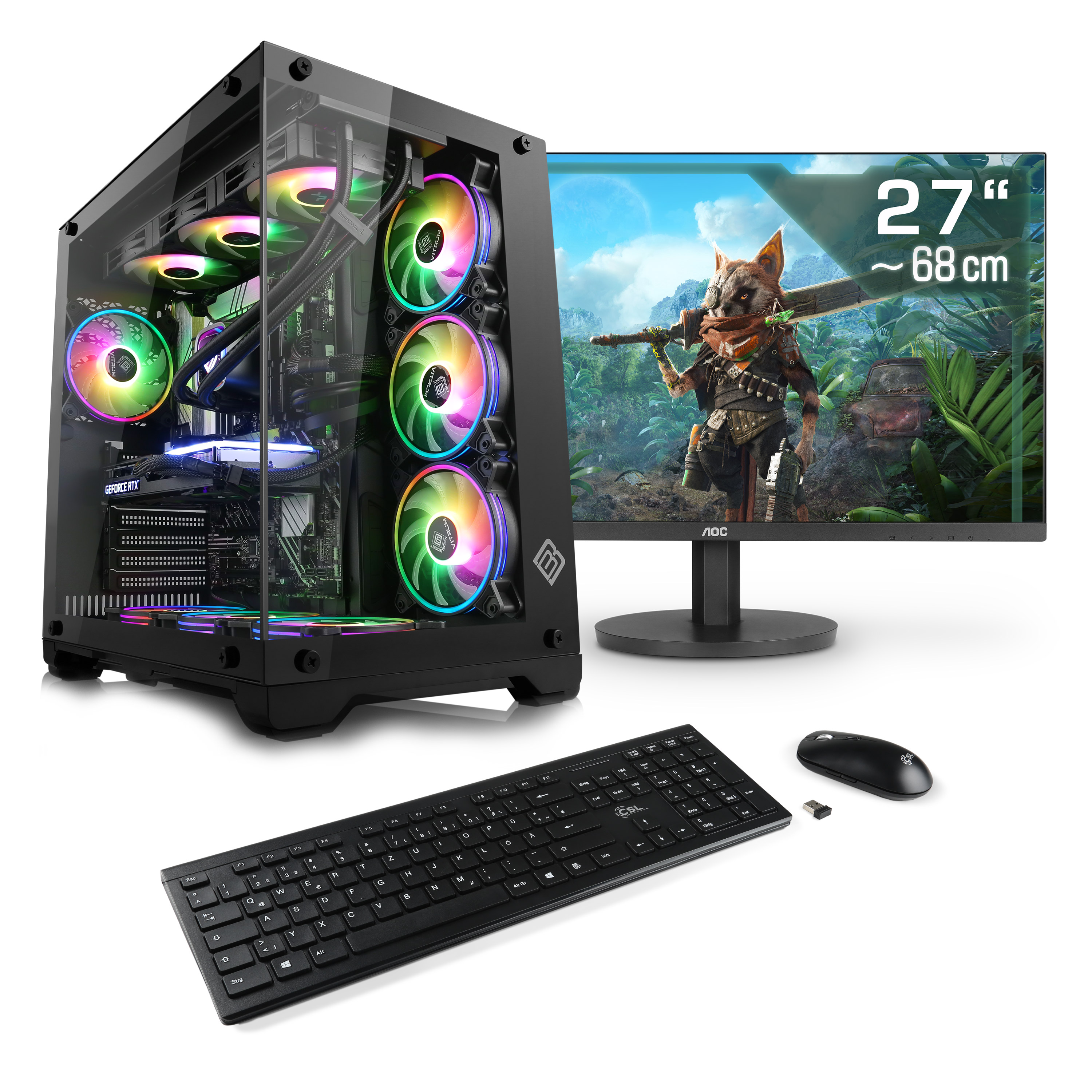 Una configurazione completa del computer con un monitor grande. Ha tastiera, mouse e un case tower.