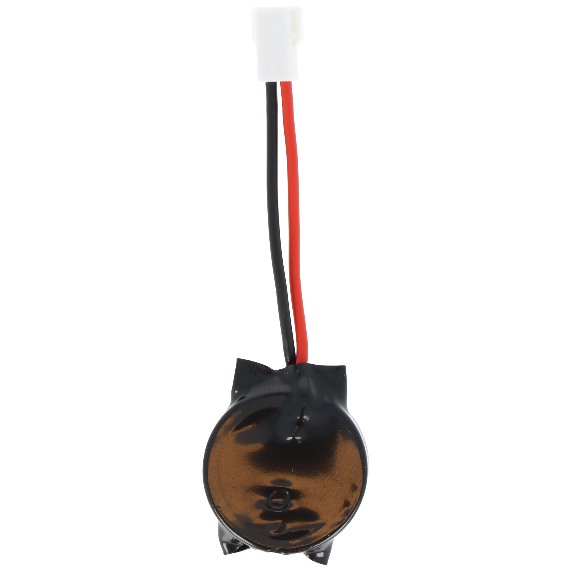 Eine kleine, schwarze runde Batterie mit roten und schwarzen Drähten, die an einem weißen Stecker befestigt sind.