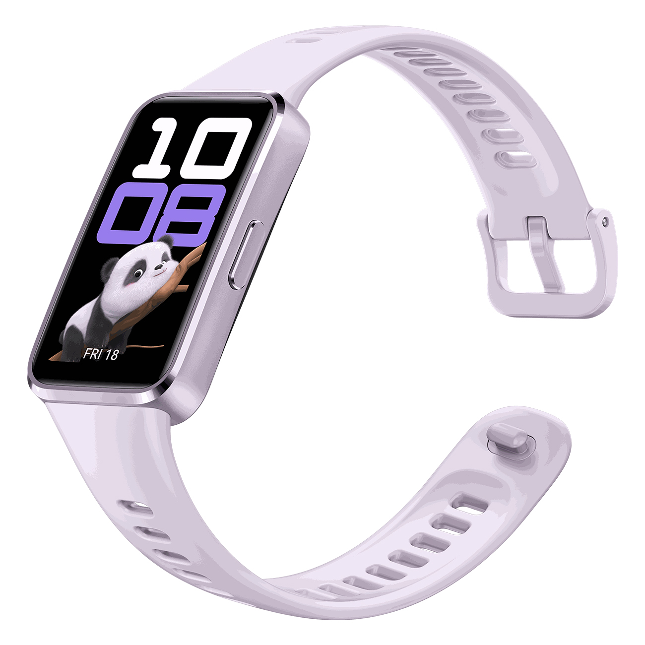 Eine lila Smartwatch mit einem Display, das die Uhrzeit und einen Panda anzeigt. Es ist auf weißem Hintergrund.