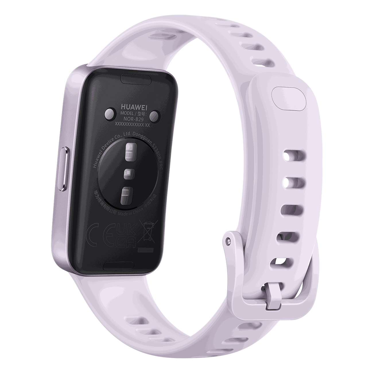 Nahaufnahme einer lila Smartwatch mit weißem Band. Auf der Rückseite sind das Modell und weitere Details zu sehen.