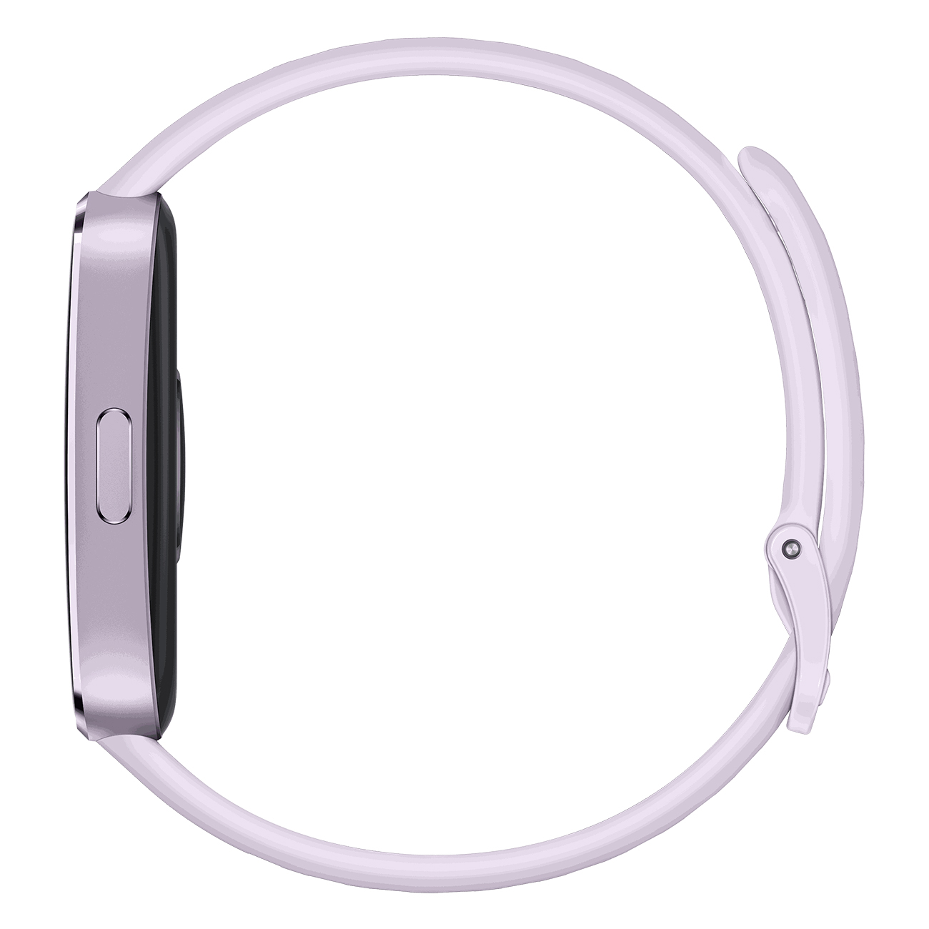 Seitenansicht einer lila Smartwatch mit helllila Armband.