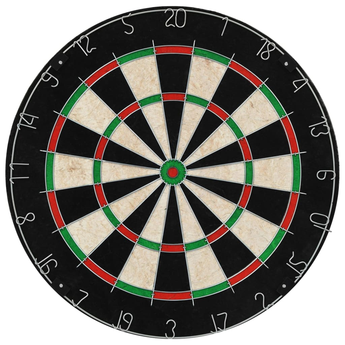 Dartscheibe. Schwarzer Hintergrund mit roten und grünen Ringen und Zahlen. Weißer Hintergrund.