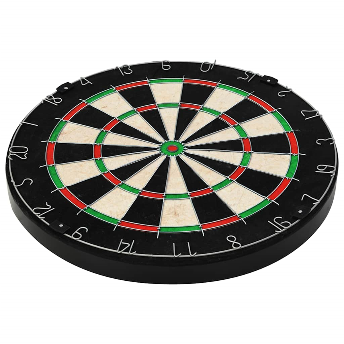 Dartscheibe mit schwarzen und weißen Segmenten, roten und grünen Ringen und Zahlen.