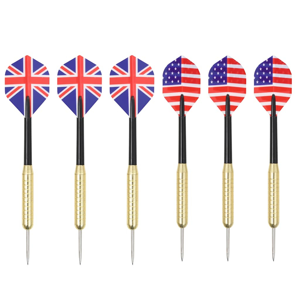 Sechs Dartpfeile mit abwechselnden Union Jack- und US-Flaggen-Designs auf den Flights.