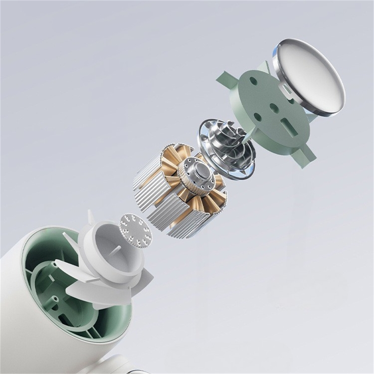 Explodierte Ansicht mechanischer Komponenten: Lüfterflügel, Motor, Gehäuse und Bedienfeld.