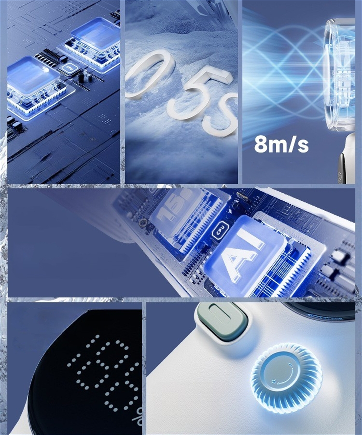 Collage zeigt eine Leiterplatte, die Zahlen '055', blauer Lichteffekt und andere technische Elemente.