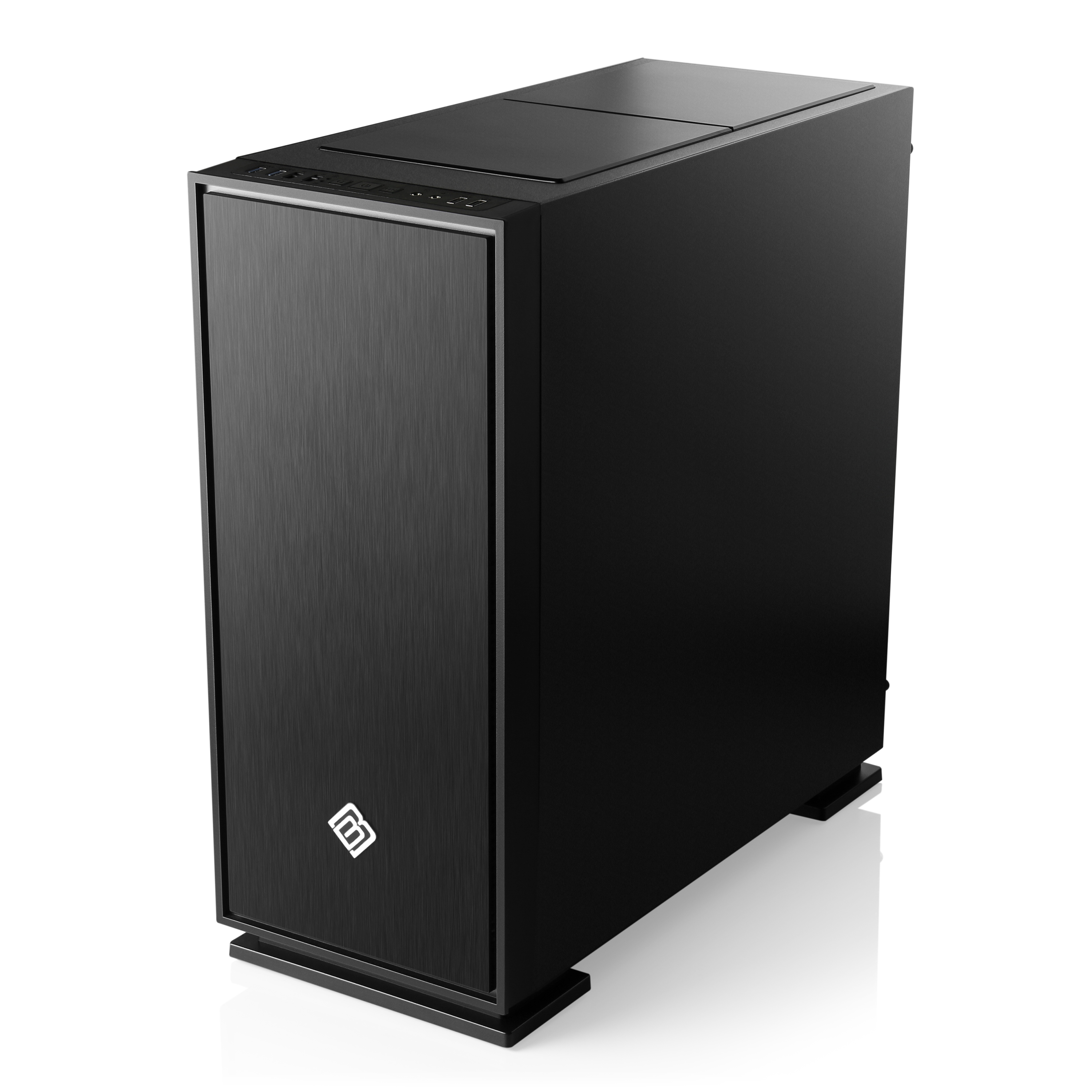 Ein schwarzes Computergehäuse, aufrecht, mit einer gebürsteten Metallfrontplatte.