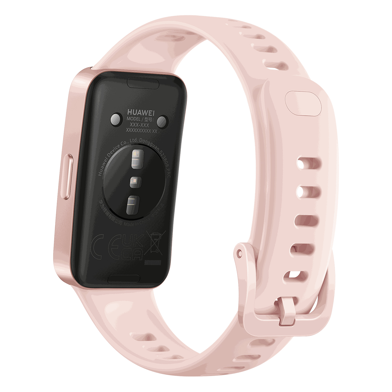 Rosa Smartwatch-Armband, Rückseite mit Sensoren und Ladepunkt zeigend.