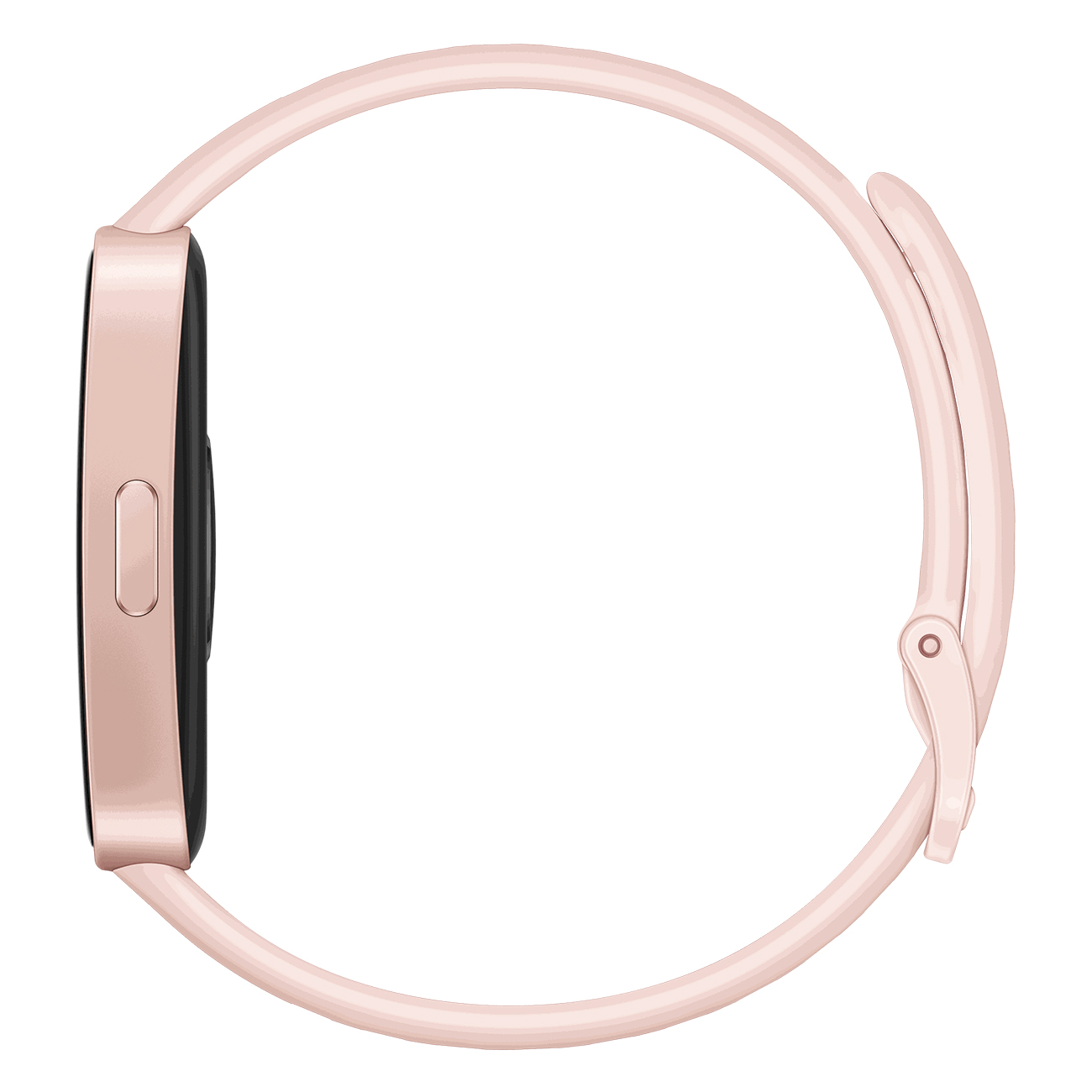 Eine rosa Smartwatch mit einem rosa Armband. Die Uhr liegt auf einer weißen Oberfläche. Seitenansicht der Uhr.