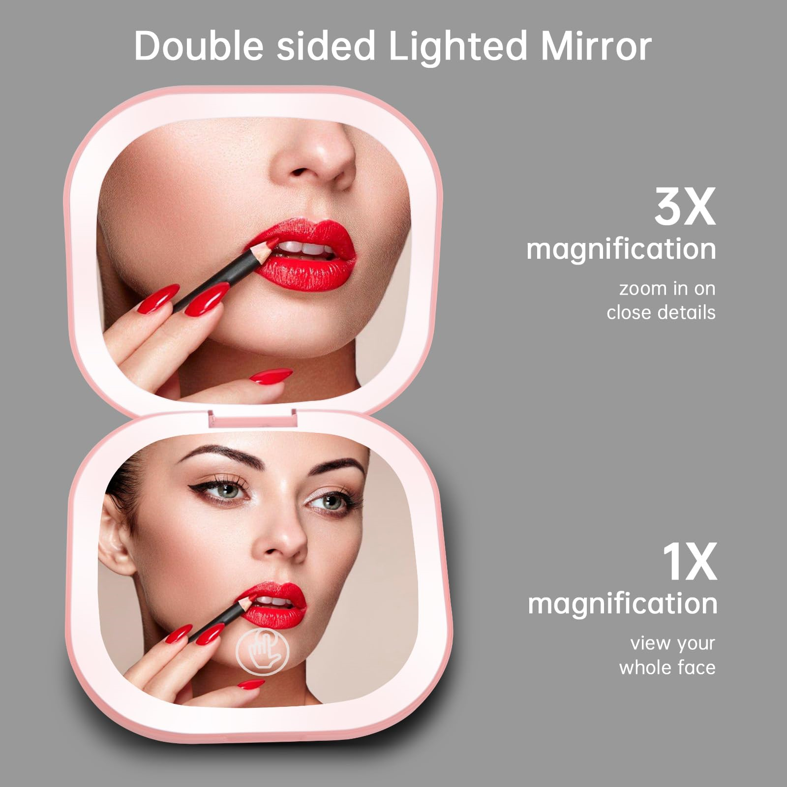Doppelseitiger beleuchteter Spiegel, der eine Frau beim Auftragen von Lippenstift zeigt, mit 3x und 1x Vergrößerung.