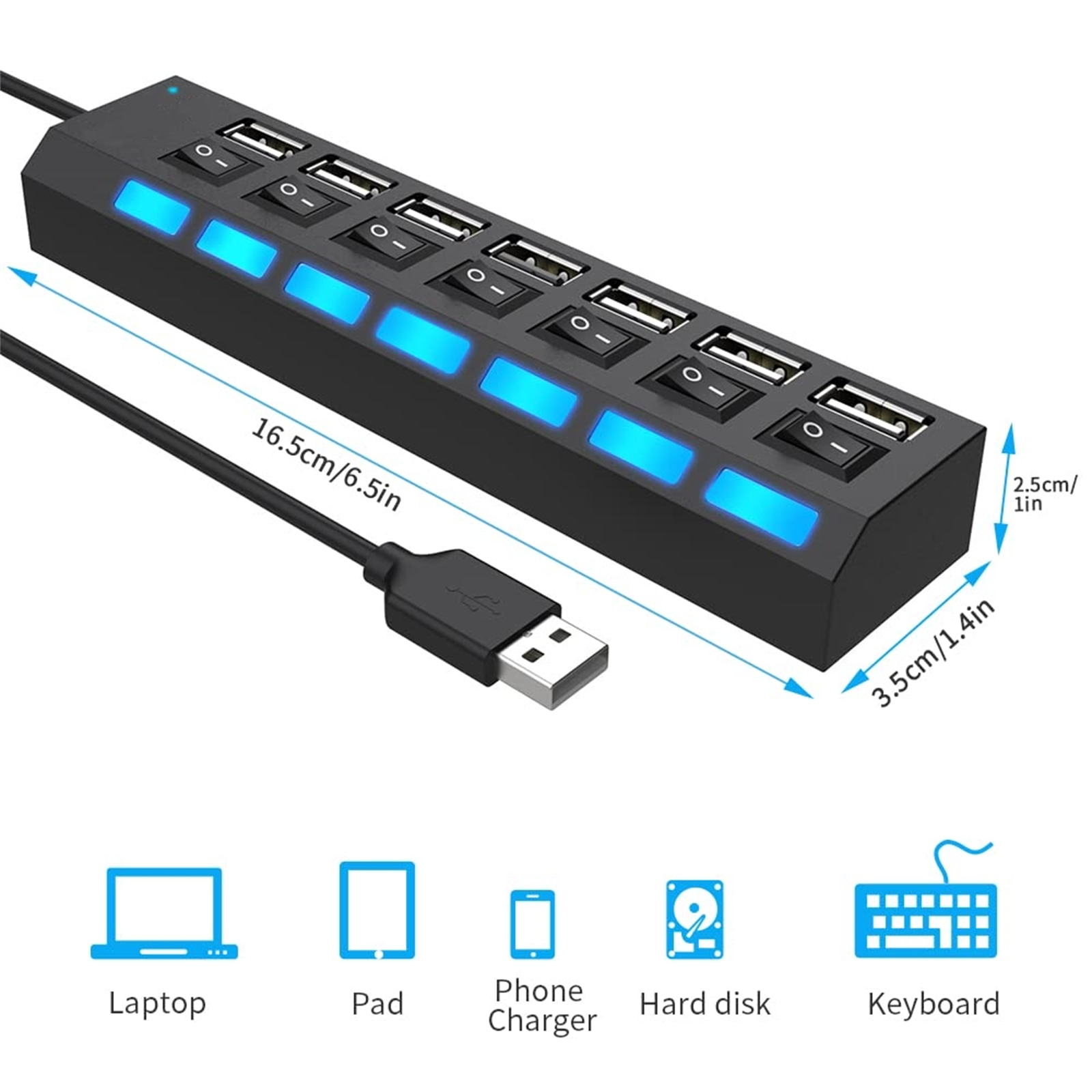 Schwarzer USB-Hub mit mehreren Anschlüssen, beleuchtet mit blauen Lichtern. Abmessungen und Symbole der angeschlossenen Geräte werden gezeigt.