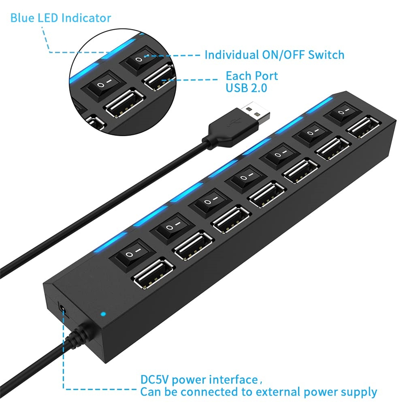 Schwarzer USB-Hub mit mehreren USB-Anschlüssen und individuellen Ein/Aus-Schaltern.