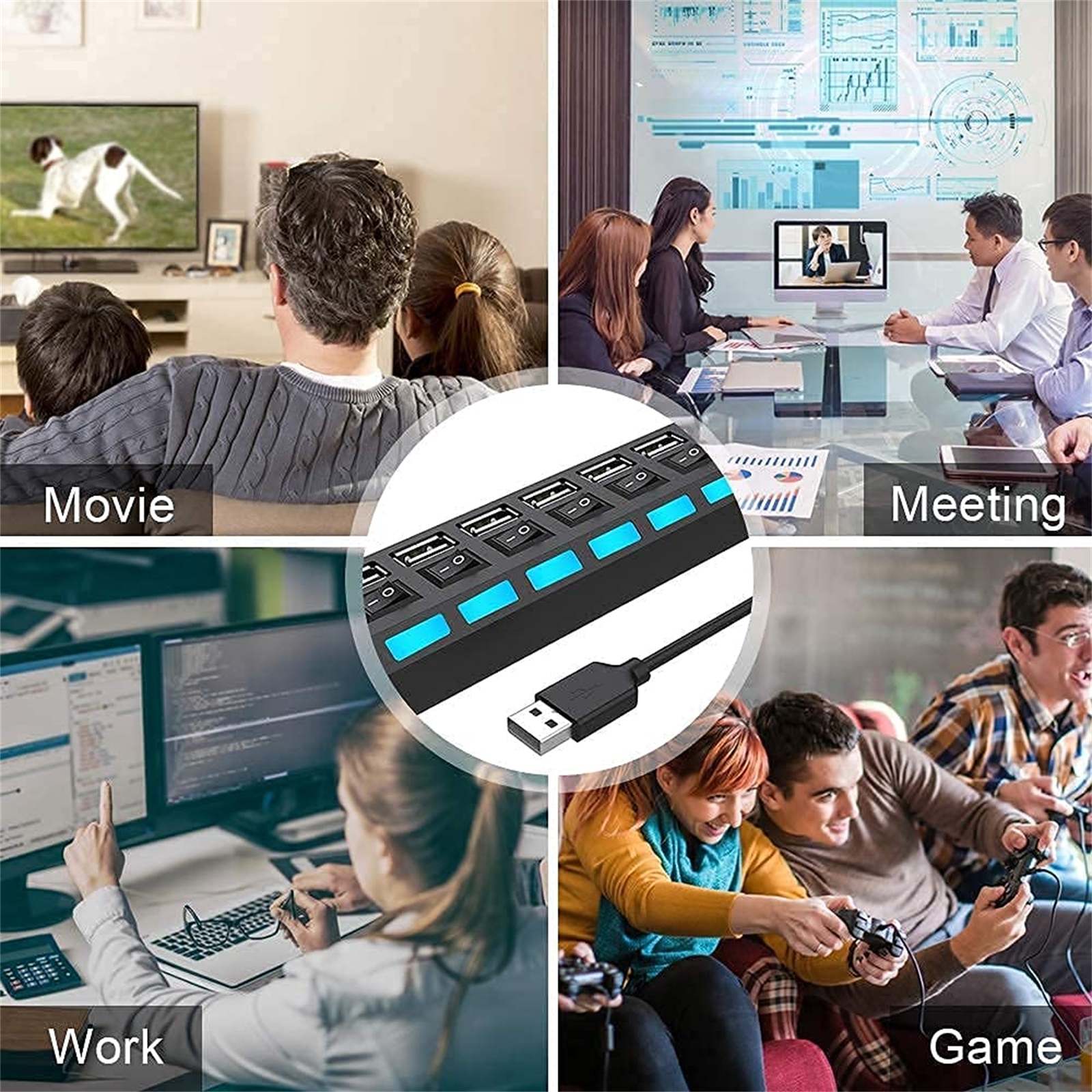 Collage von Szenen: Leute sehen fern, in einem Meeting, arbeiten am Computer und spielen Videospiele.