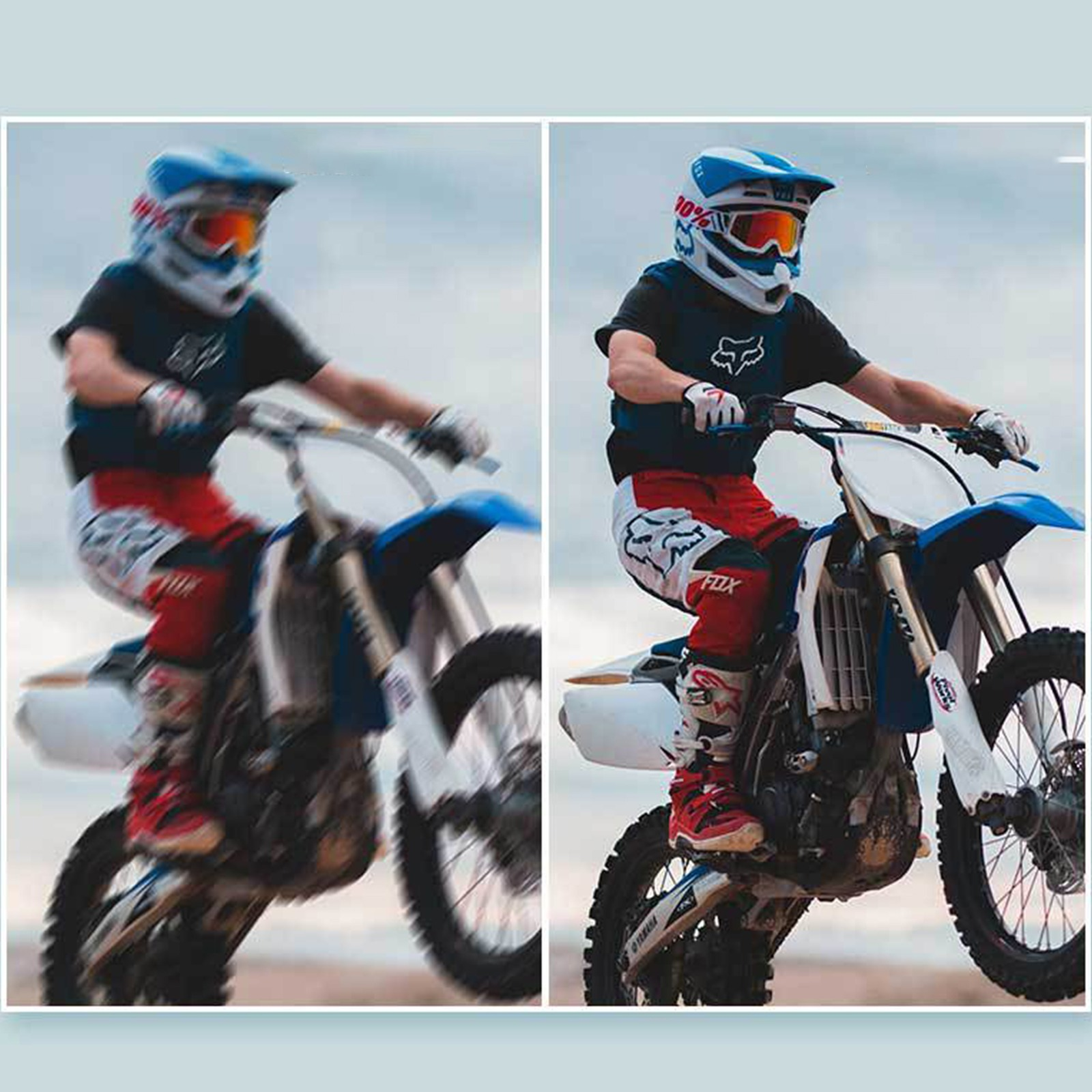 Ein Paar Bilder, die eine Person auf einem Dirtbike in Bewegung zeigen, mit Unschärfeeffekten.