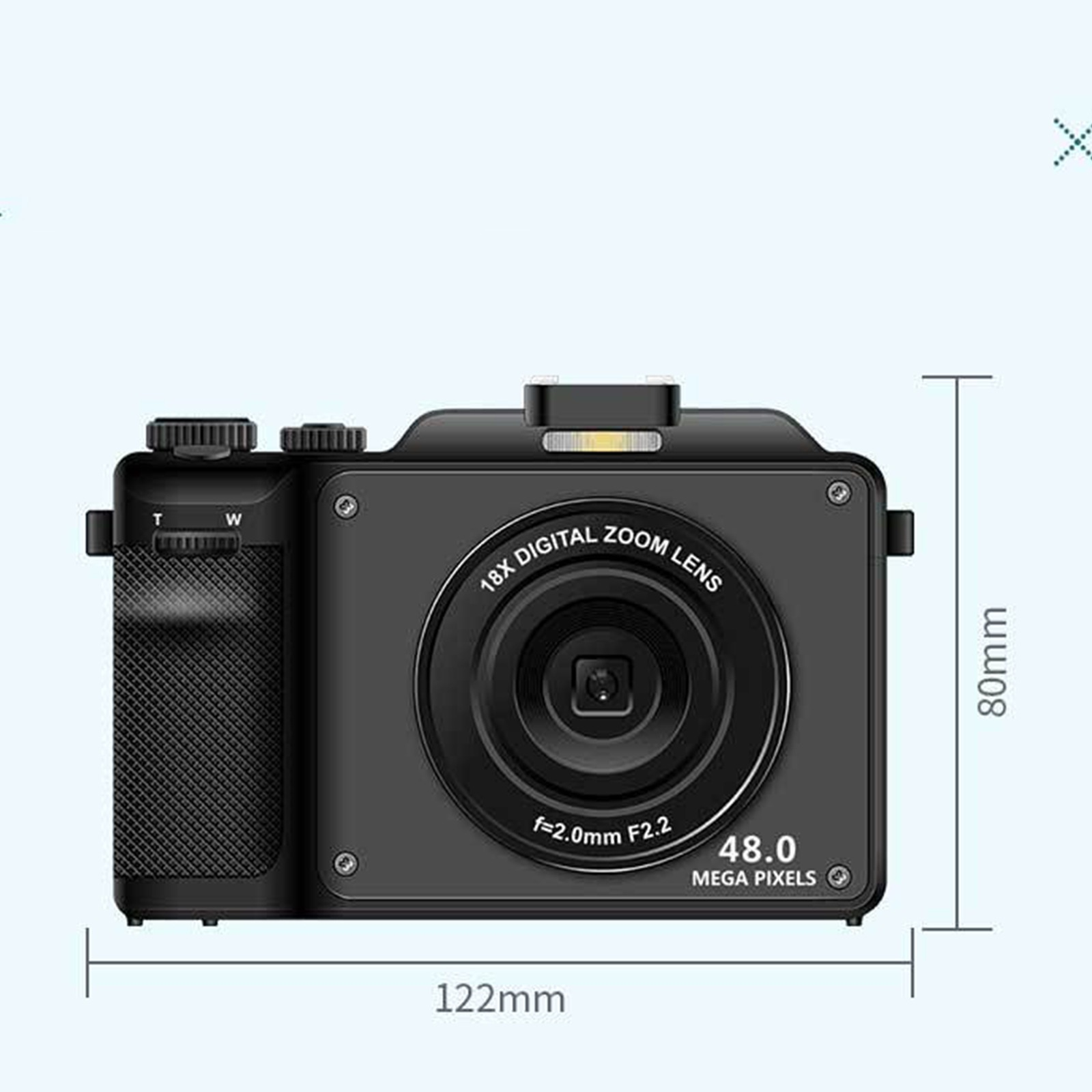 Schwarze Digitalkamera mit 18x Zoomobjektiv. Sie hat eine 48,0 Megapixel Kamera und Abmessungen 122x80mm.