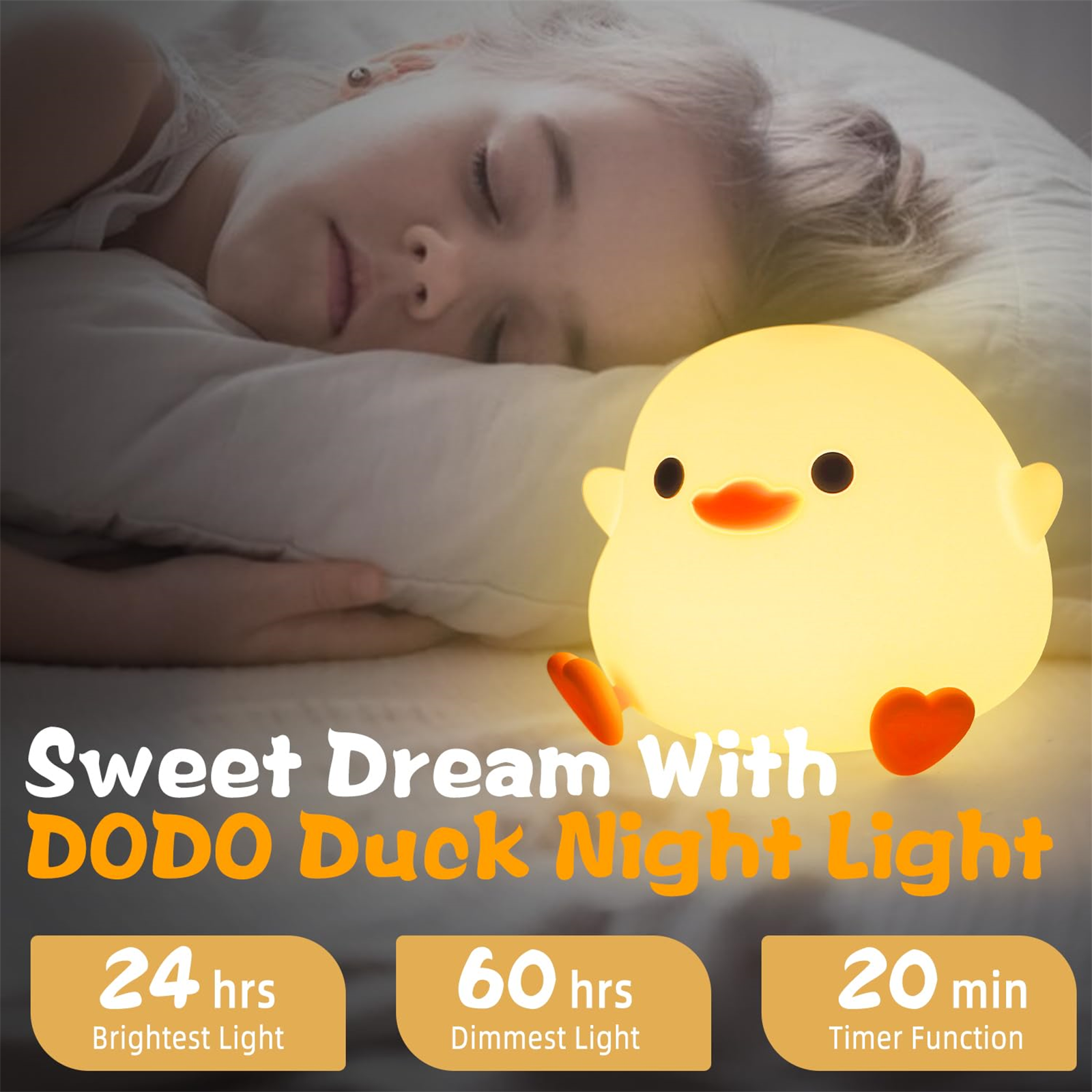 Kind schläft neben gelber Enten-Nachtlampe. Text zeigt 24h, 60h und 20min Timer.