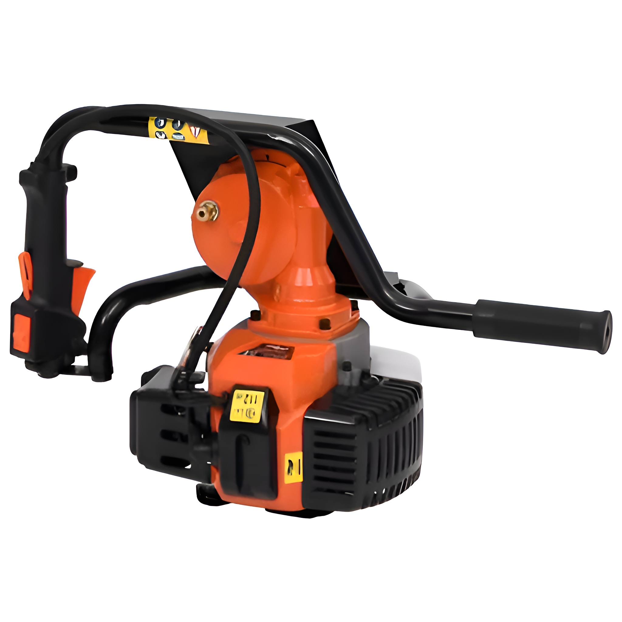 Eine orangefarbene und schwarze Erdbohrmaschine mit Griff und Motor auf weißem Hintergrund.