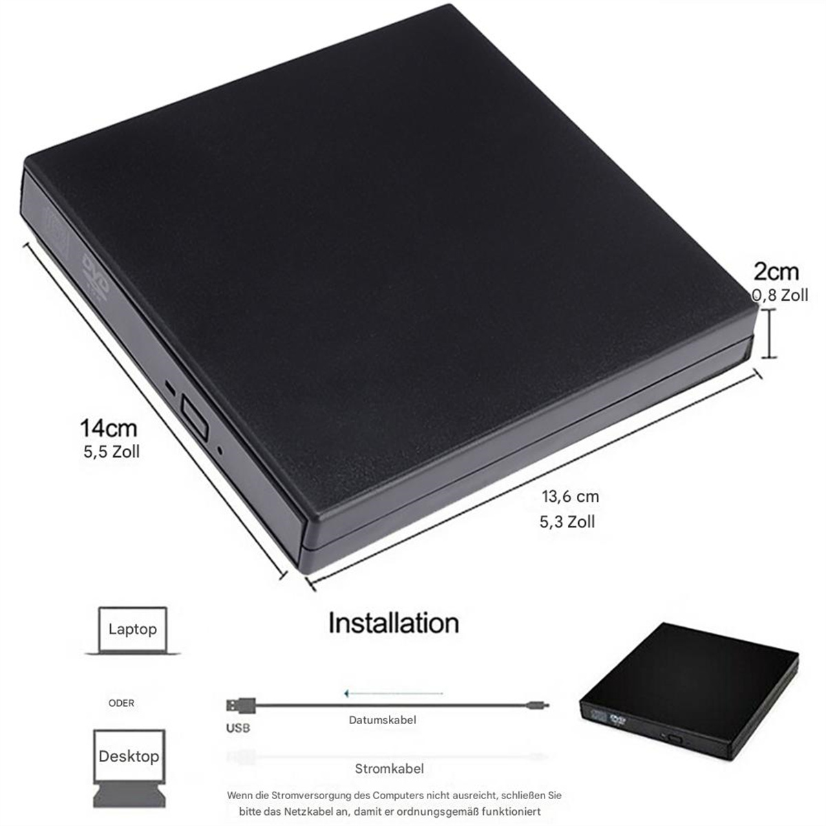 Schwarzes DVD-Laufwerk mit Abmessungen und Installationsdetails.