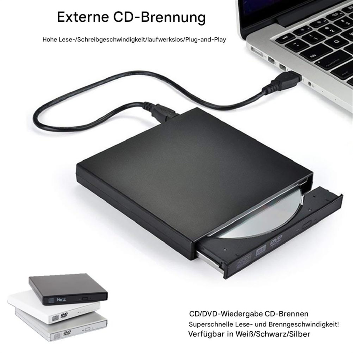Schwarzer DVD-Player mit offenem Fach. Über USB mit einem Laptop verbunden. Text auf Deutsch über CD-Brennung.