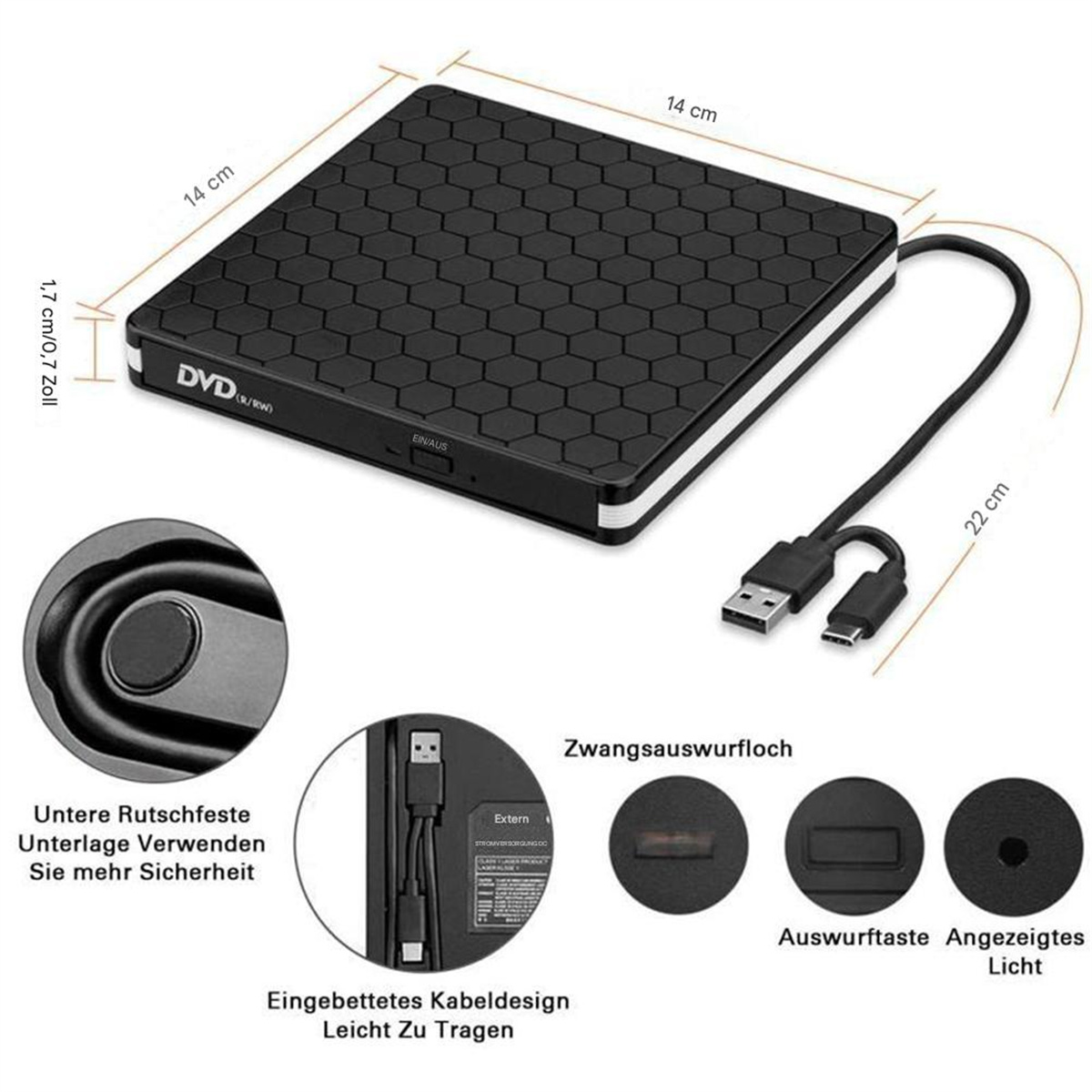 Ein schwarzes DVD-Laufwerk mit Maßangaben, das über USB-Kabel angeschlossen ist, und erklärende Grafiken.