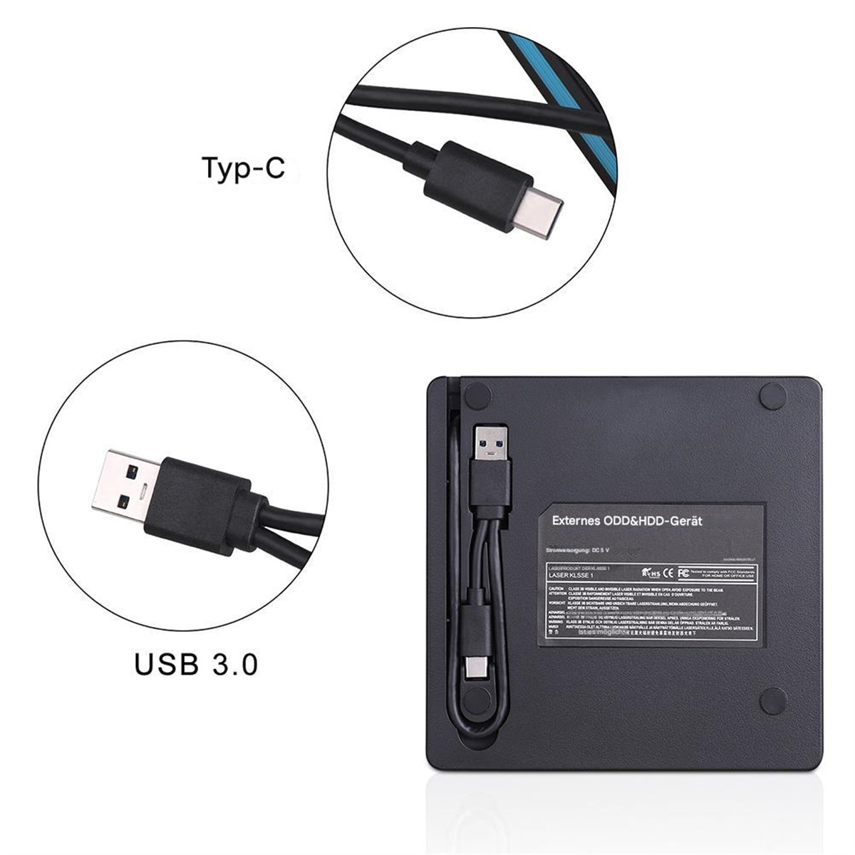 USB 3.0- und Typ-C-Kabel mit schwarzem ODD/HDD-Gerät, Nahaufnahmen.